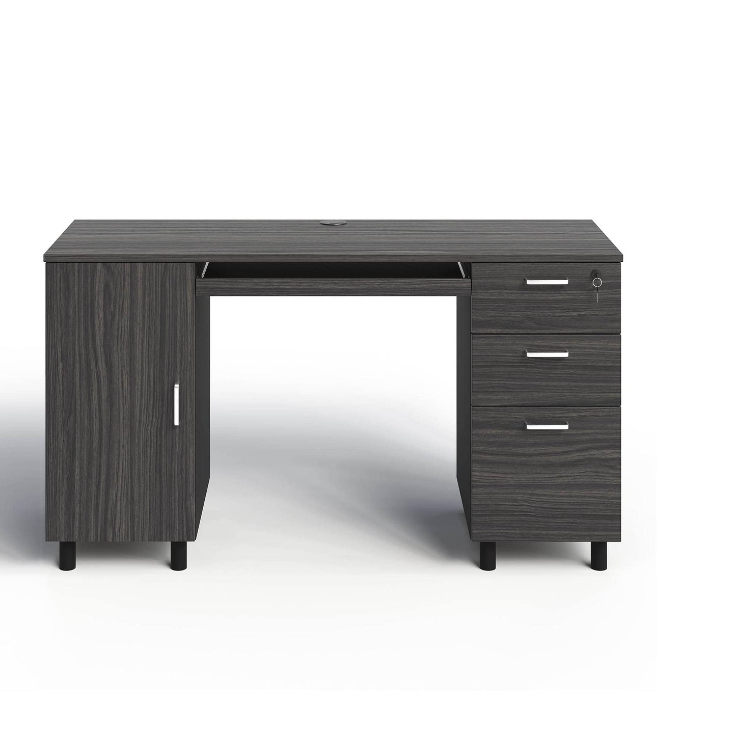 Modern Design Venice Computer Desk with Lockable Drawers, 53 Inch Home Office Desk with Storage Cabinet, Keyboard Tray & Cable Management, Modern Study Writing Desk for Small Spaces, Black and Grey