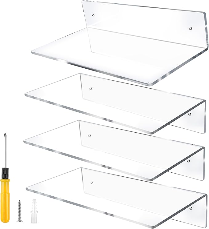 Jansburg 12 Inch L-Shaped Acrylic Floating Shelf Clear Wall Mounted Shelves