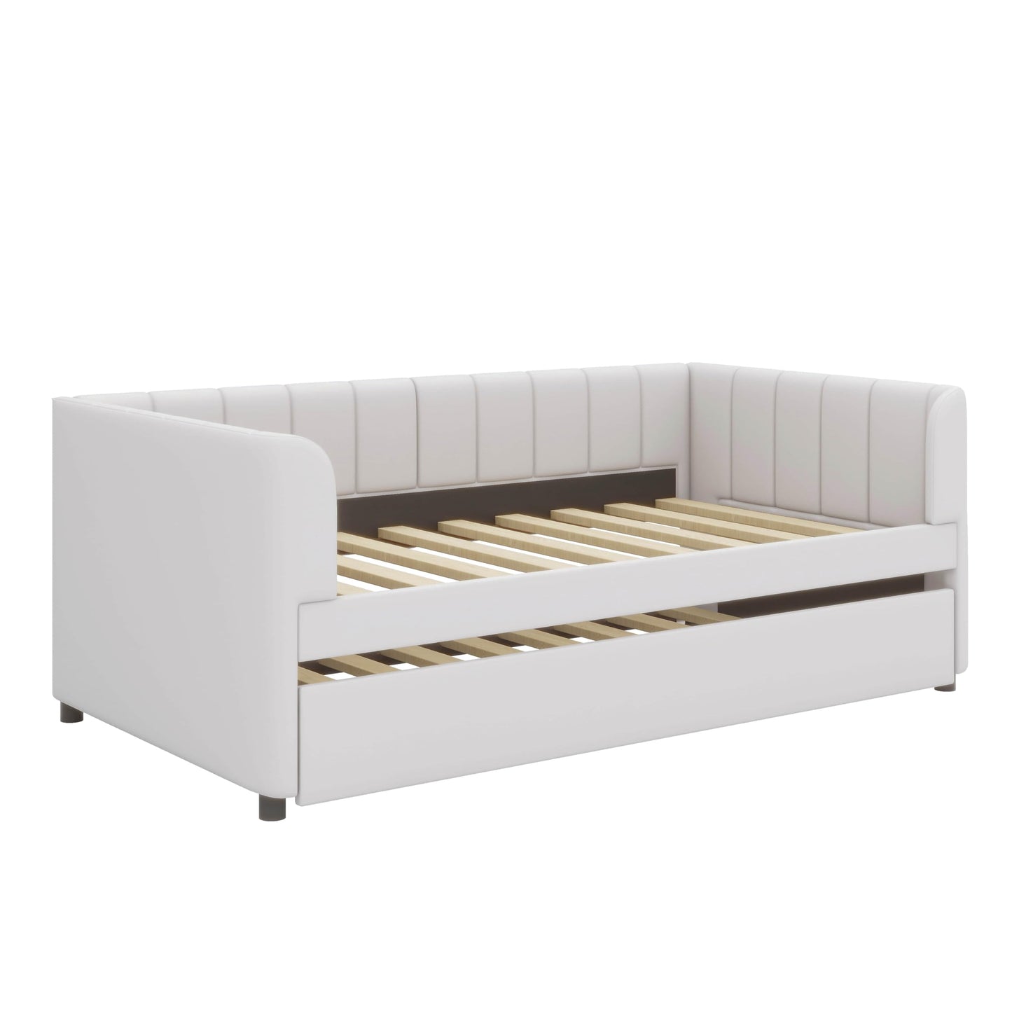 YunNianYang Twin Size Upholstered Daybed Frame with Ergonomic Design Backrest and Trundle (Beige)