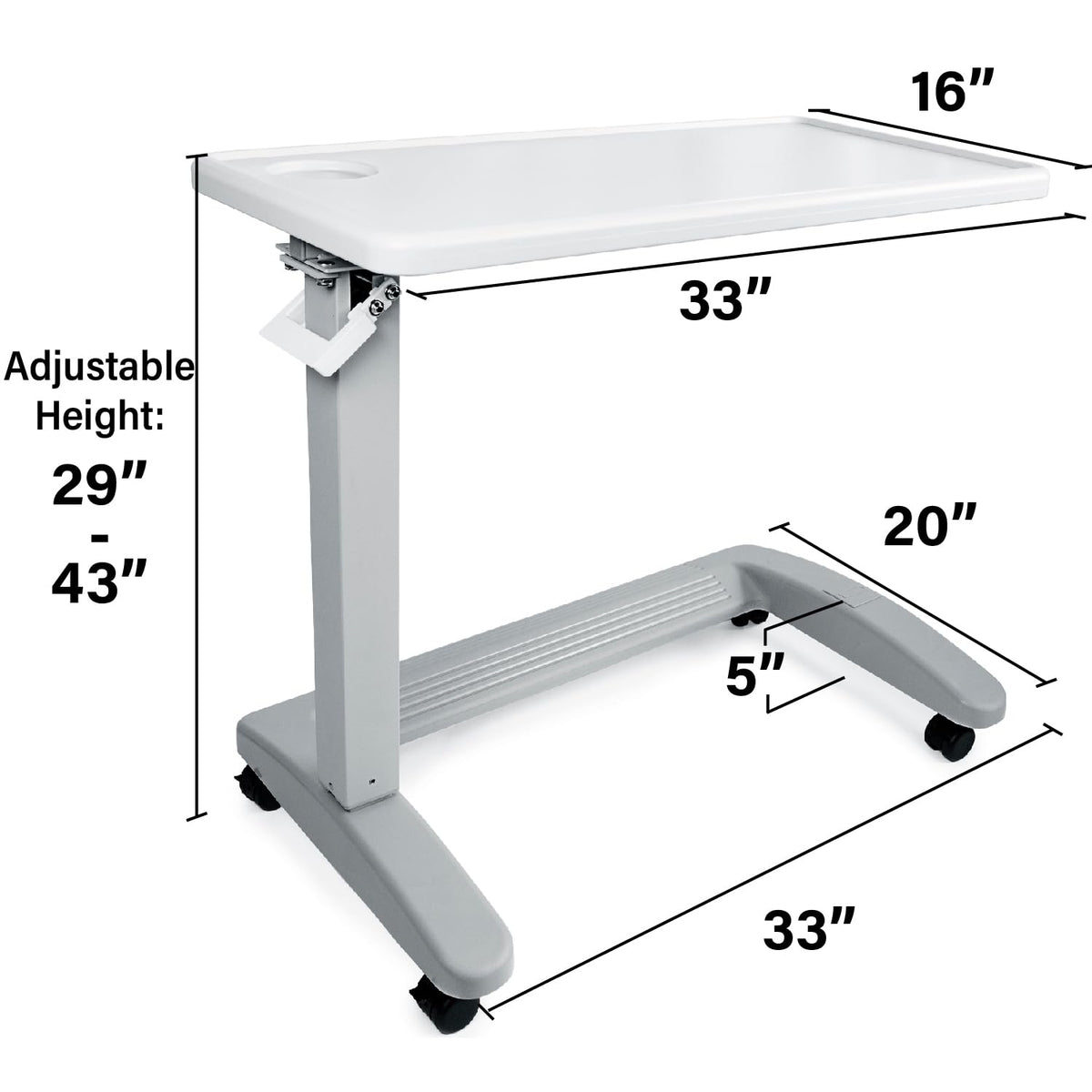 Vaunn Medical Pneumatic Adjustable Overbed Exam Bedside Table with Wheels (Hospital and Home Use), New Tabletop, Light Gray