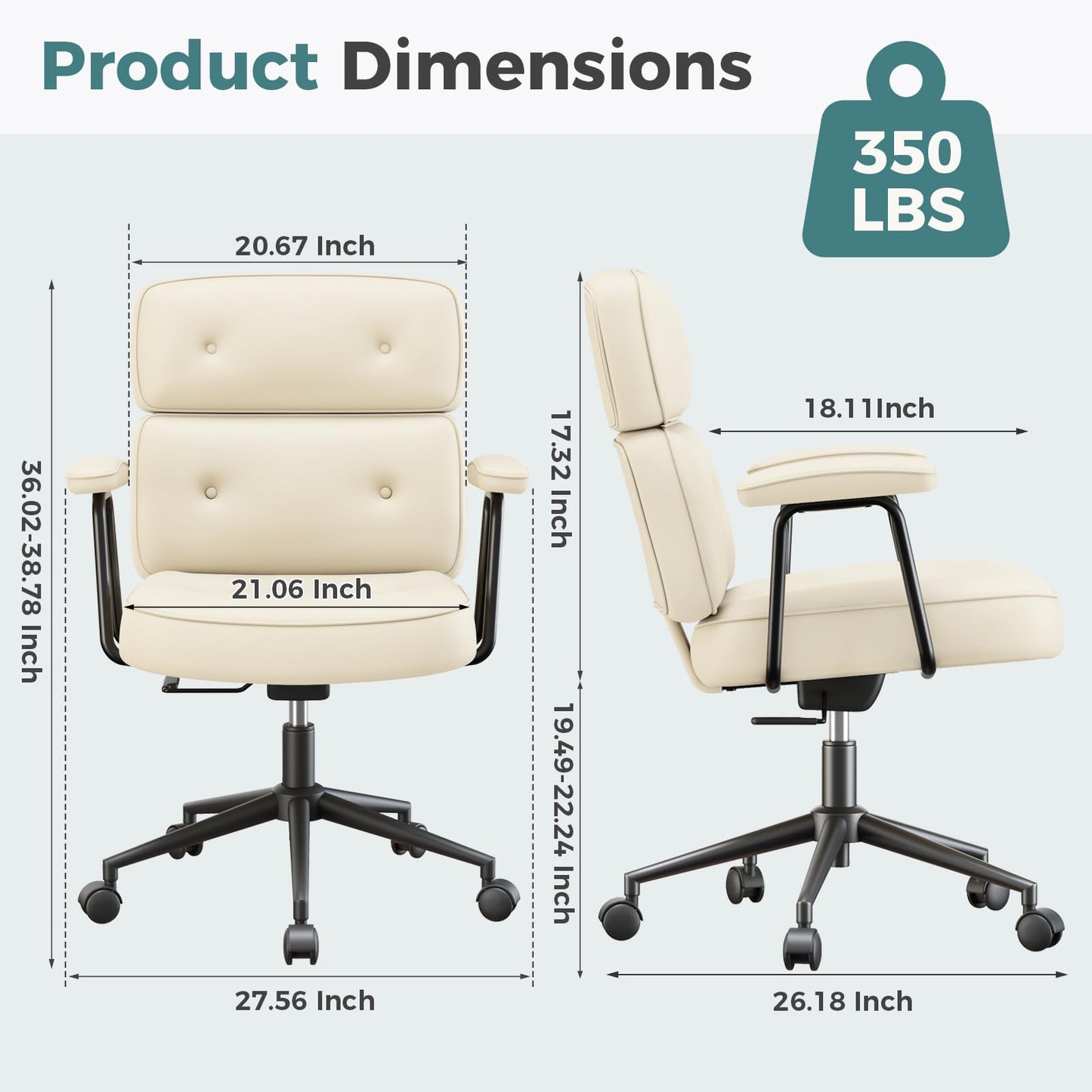 Ergonomic Home Office Desk Chair, PU Leather Computer Chair with Lumbar Support, Adjustable Height, 360° Swivel Rolling Wheels, Executive Task Chair for Office, Gaming, Meeting Room, Beige