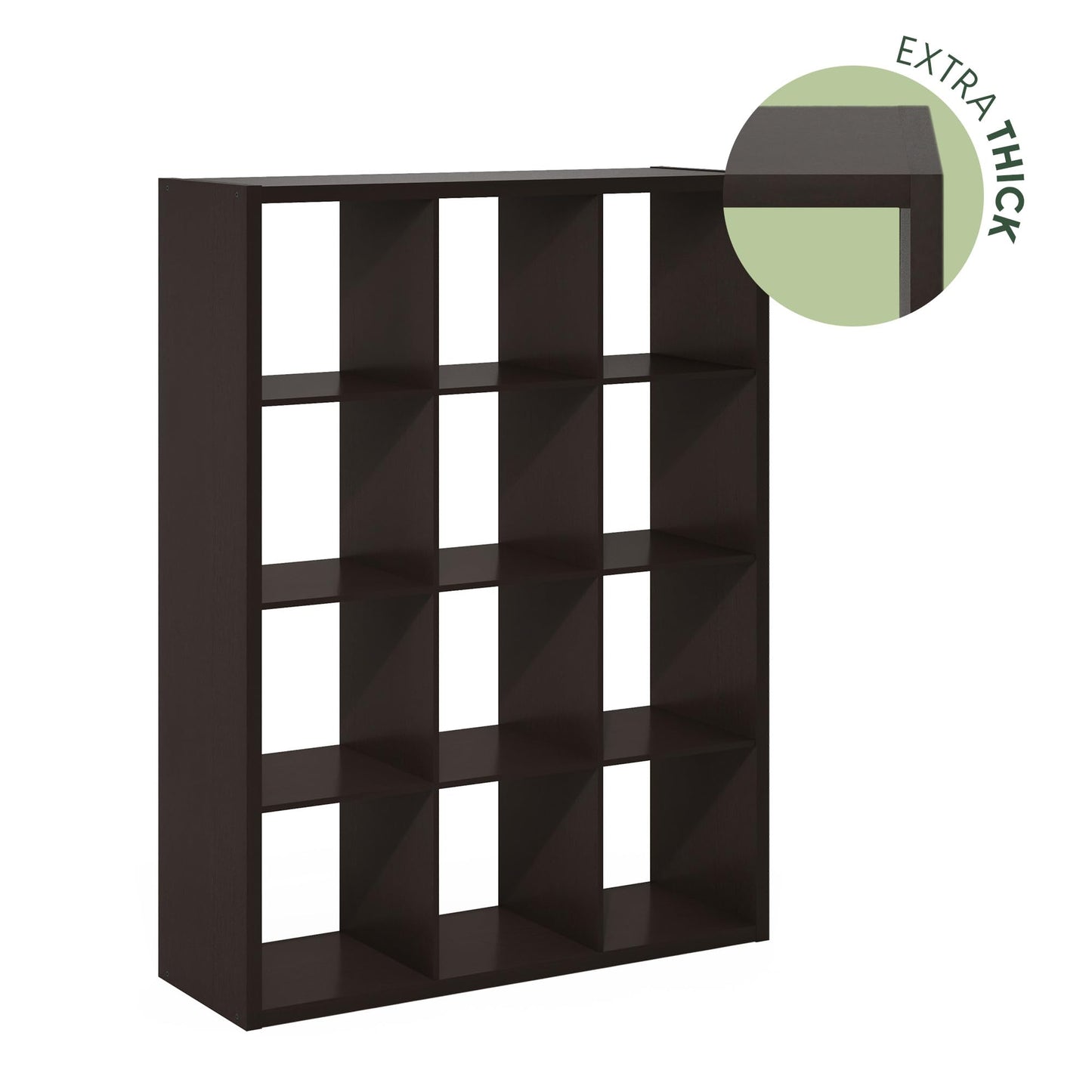 Furinno Cubicle Book Shelf, 12-Cube Bookshelf, Extra Thick Frame Reversible Bookcase with Open Back, 14.6" x 44" x 58", for Living Room, Bedroom, Home Office, Black Dark Oak