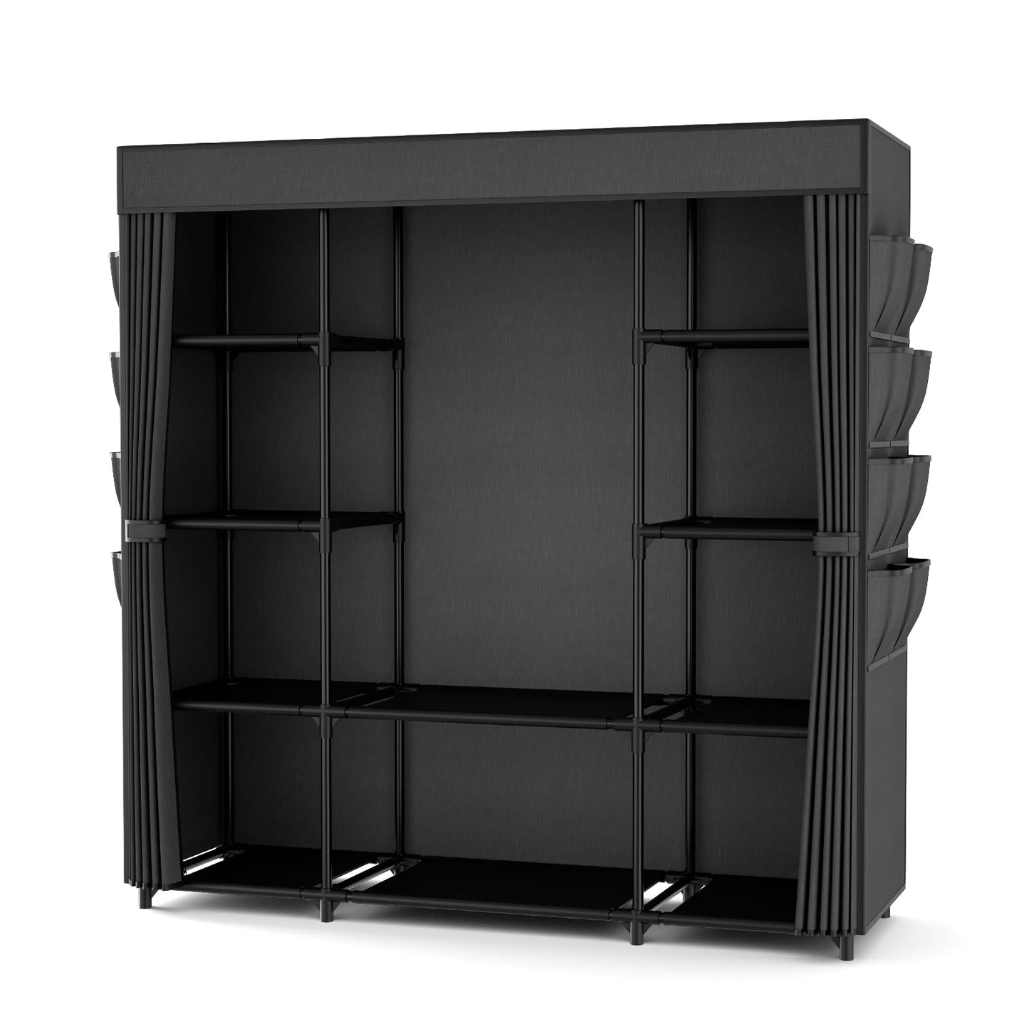 BrFoYu Portable Closet for Hanging Clothes 57.3 Inch Large Capacity Wardrobe Closet with Cover, 8 Pockets and 1 Hanging Rod, Easy Assembly Closet Organizer for Bedroom, Black