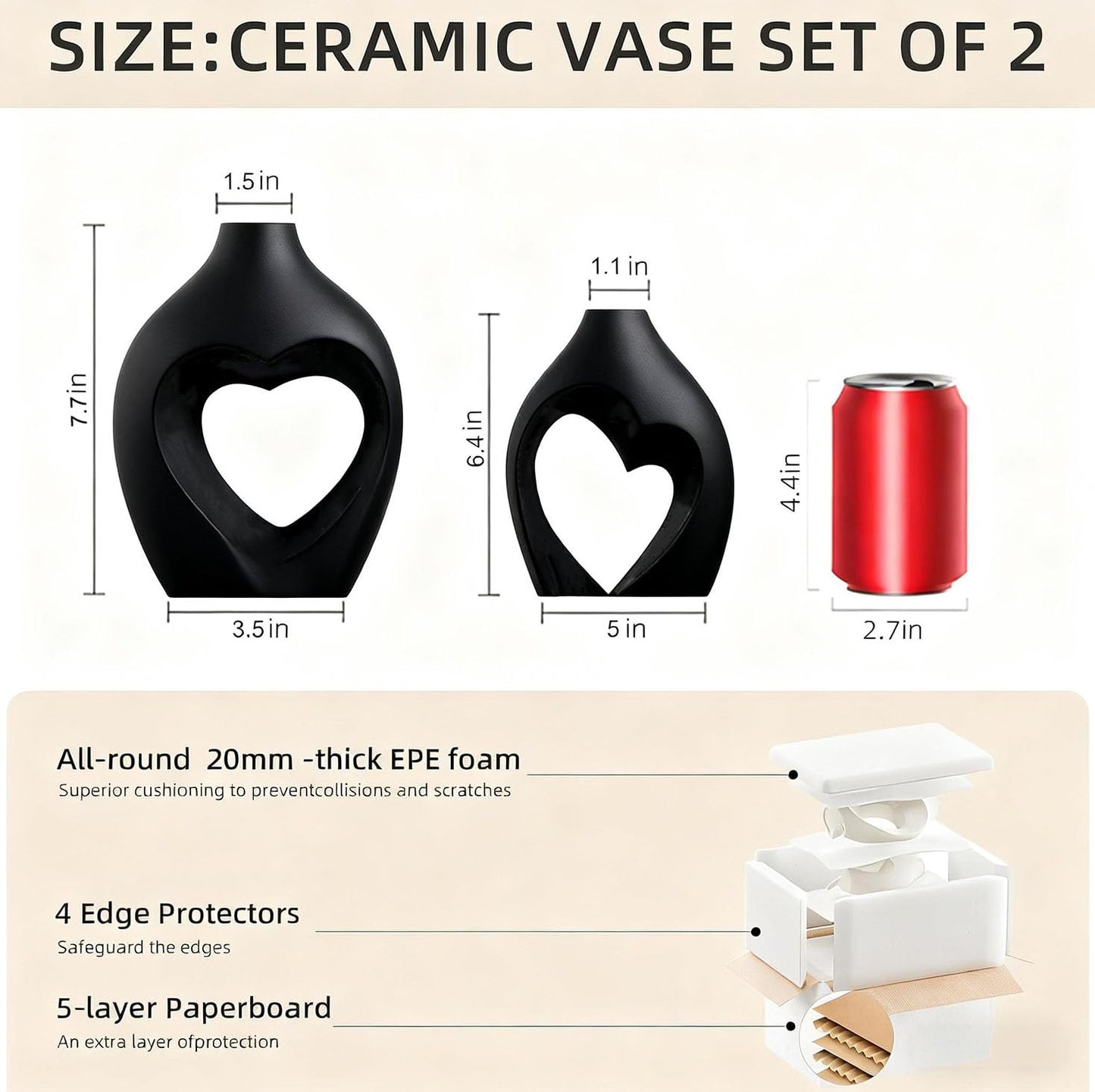 Black Ceramic Flower Vases Home Decor Heart Shaped Vase Set of 2