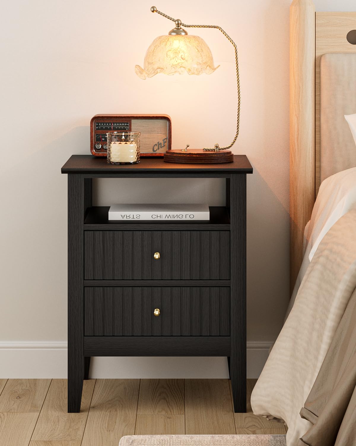 Apetaccat Fluted Nightstand, Farmhouse Night Stand with 2 Drawers, Mid Century Modern Side Accent Table,Bedside End Table for Bedroom, Living Room, Black