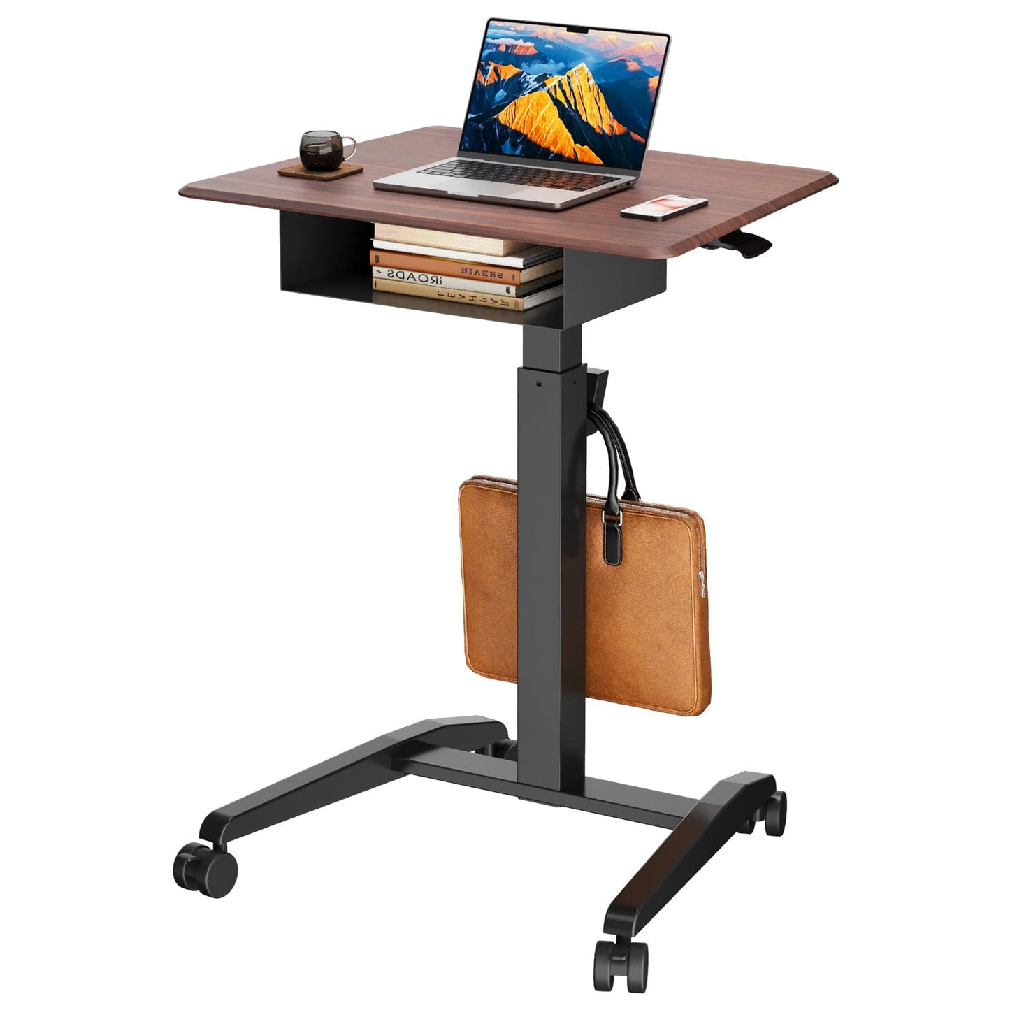 JOY worker Height Adjustable Rolling Laptop Desk with Shelf, Mobile Standing Desk, Pneumatic Mobile Laptop Table with Wheels for Couch Home Office School, Holds Up to 22lbs, Dark Walnut