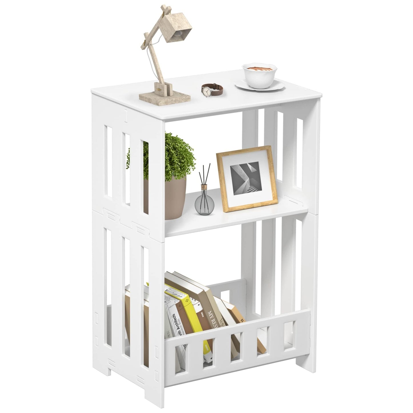 HAYOFAMY 3 Tier Side Table Night Stand, Narrow End Table with Display Shelf, Small Bookcase Bookshelf, Simple Bedside Table Storage Rack for Bedroom, Living Room, Office, Bathroom, White