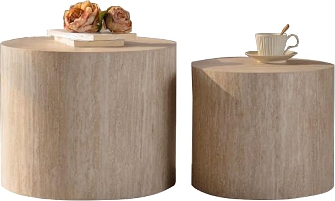 Round Wooden Nesting Coffee Table Set of 2, Circle Modern Accent End Side Table