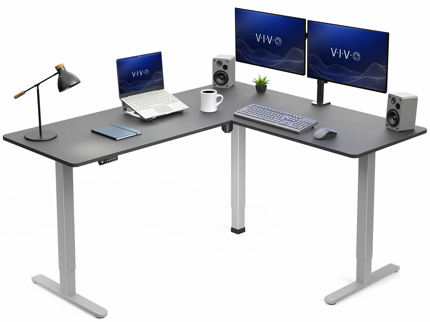 VIVO Corner Standing Desk, 63 x 55 inch Reversible L-Shaped Workstation, Electric Height Adjustment, Home, Office, and Reception Rooms, Black Table Top Gray Frame, DESK-E3CTGB