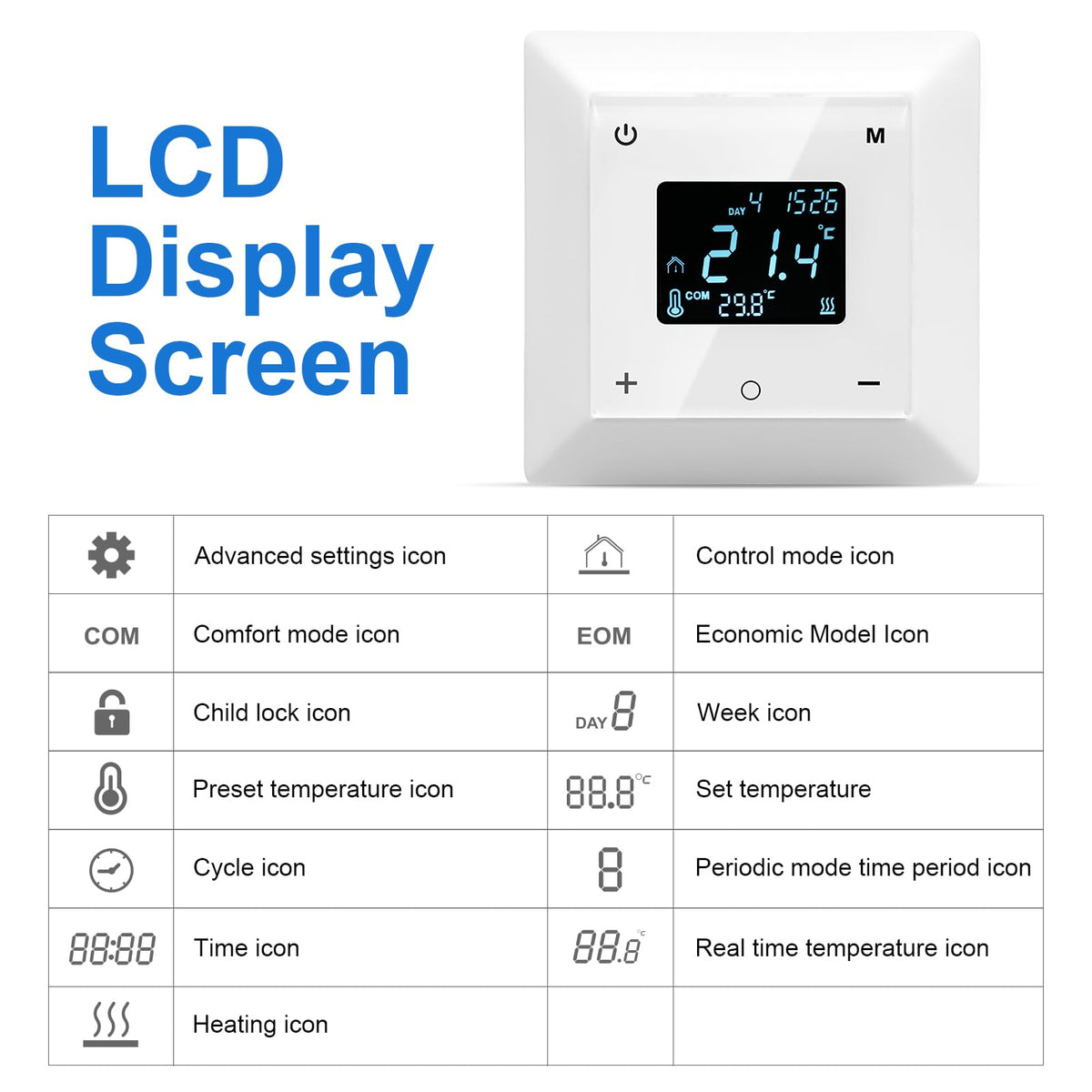 Touchscreen Programmable Thermostat for Electric Floor Heating System, 7-day Timing Settings Backlight LCD Display Safety Lock Automatic Calibration Low Temperature Protection NTC Floor & Air Sensing