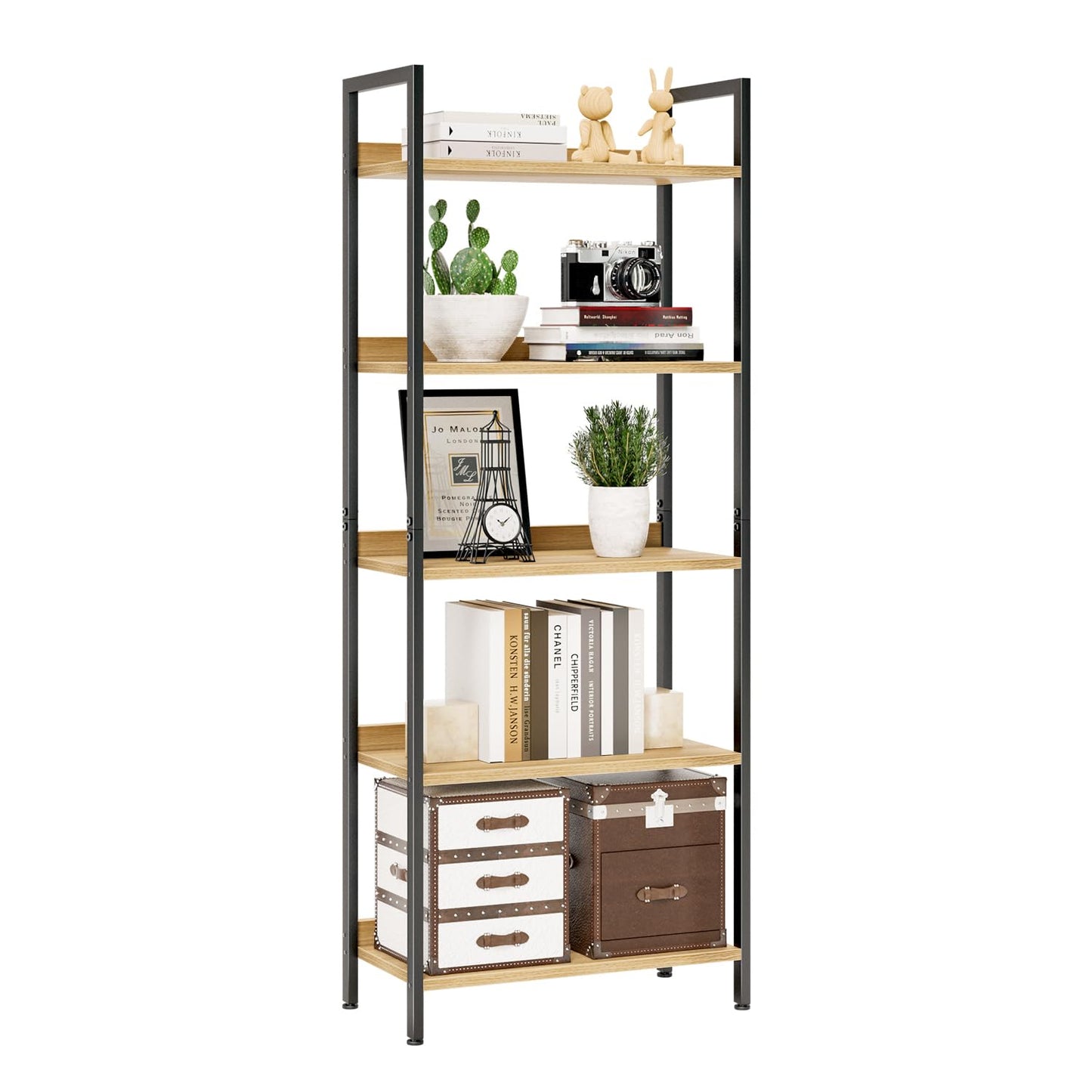 NUMENN Bookshelf, 5 Tier Bookshelves, Home Office Bookcase Shelf Storage Organizer, Free Standing Storage Shelving Unit for Bedroom, Living Room and Home Office, Natural