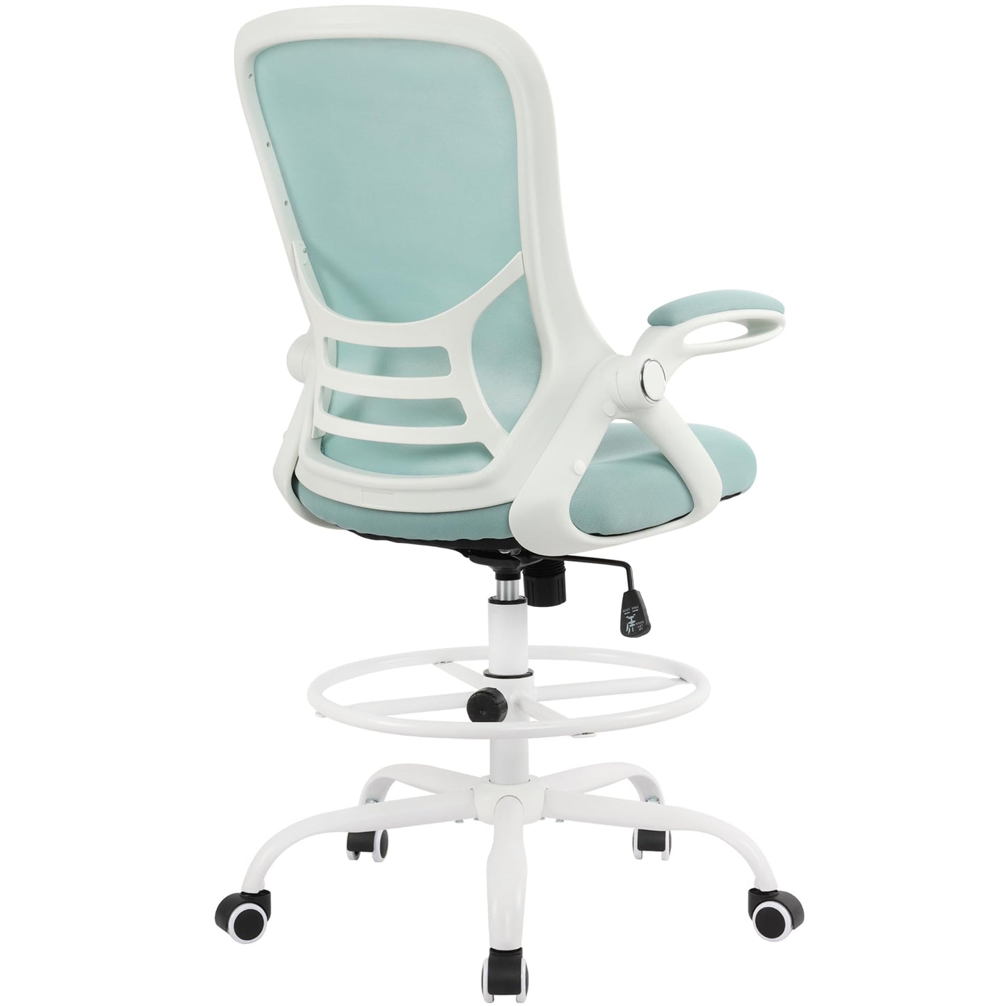 HYLONE Drafting Chair Tiffany Blue, Tall Office Chair Standing Desk Stool with Adjustable Height, Foot Ring, Flip-Up Arms, Mesh High-Back Office Chair, White