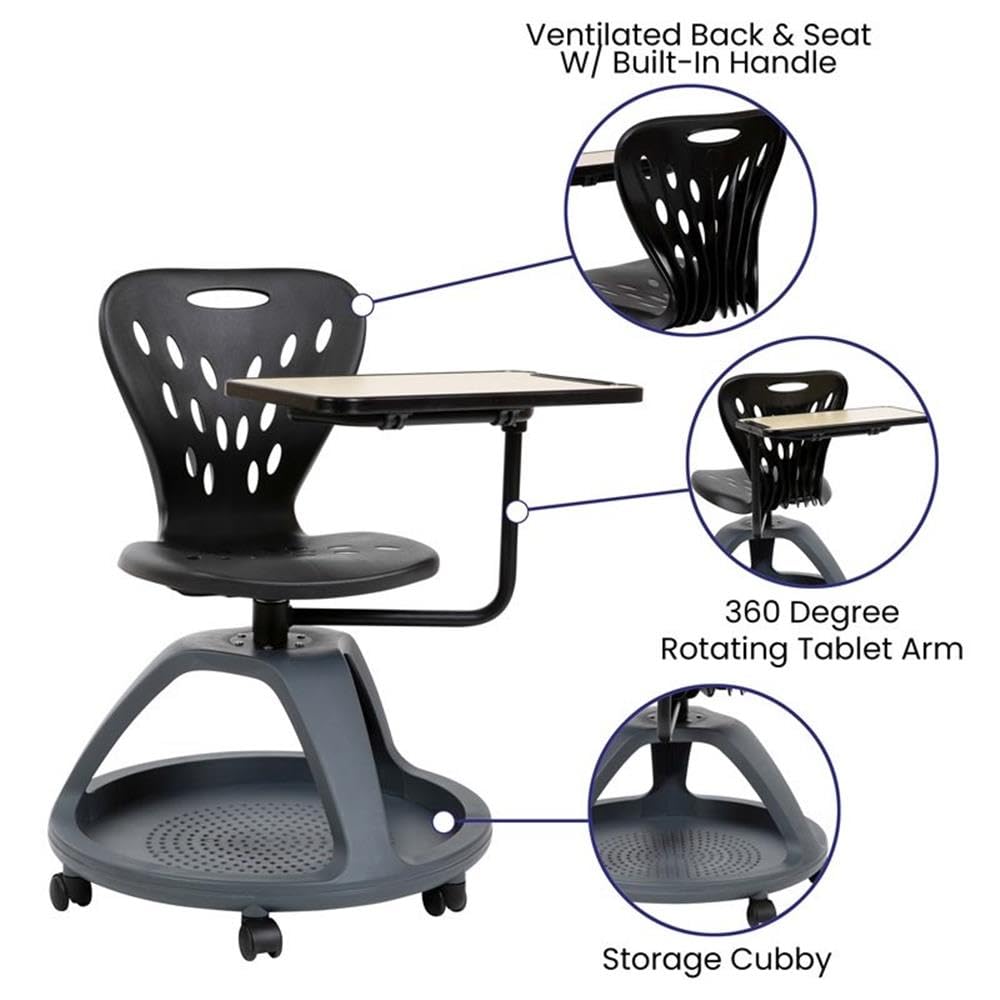 Flash Furniture Laikyn Black Mobile Desk Chair with 360 Degree Tablet Rotation and Under Seat Storage Cubby