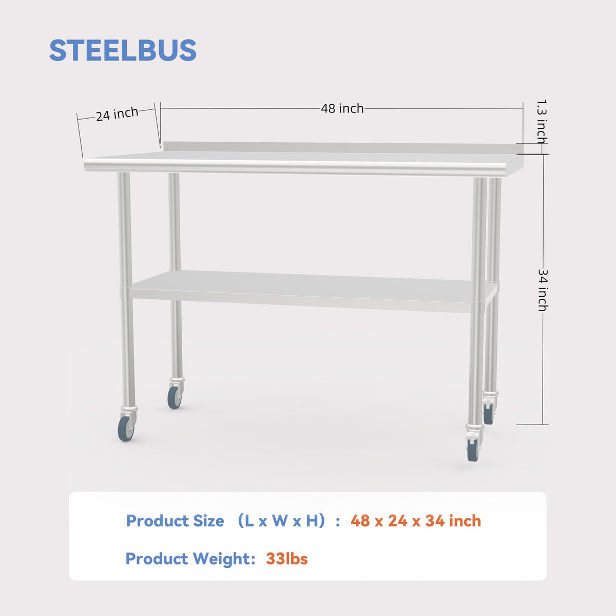 STEELBUS Stainless Steel Work Table with Back Panel,Undershelf and Casters,Commercial Prep Table for Kitchen, Restaurant,Garage,Workshop,NSF Certified,Durable,Scratch & Rust Resistant