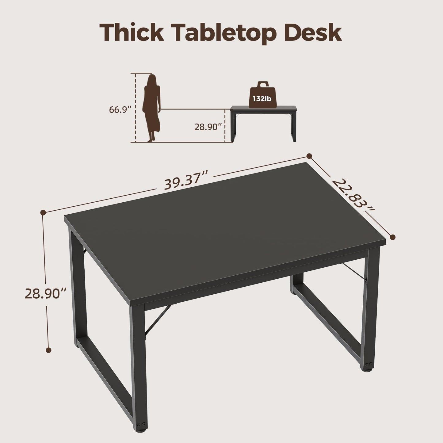 Mericonia 40 Inch Computer Desk, 1" Thick Modern Simple Study Writing Table, Heavy Duty Industrial Office Desk for Home Bedroom Workstation, Black