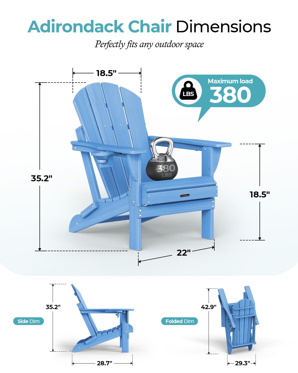 Ciokea Folding Adirondack Chair Wood Texture, Patio Adirondack Chair Weather Resistant, Plastic Fire Pit Chair with Cup Holder, Lawn Chair for Outdoor Porch Garden Backyard Deck, Baby Blue