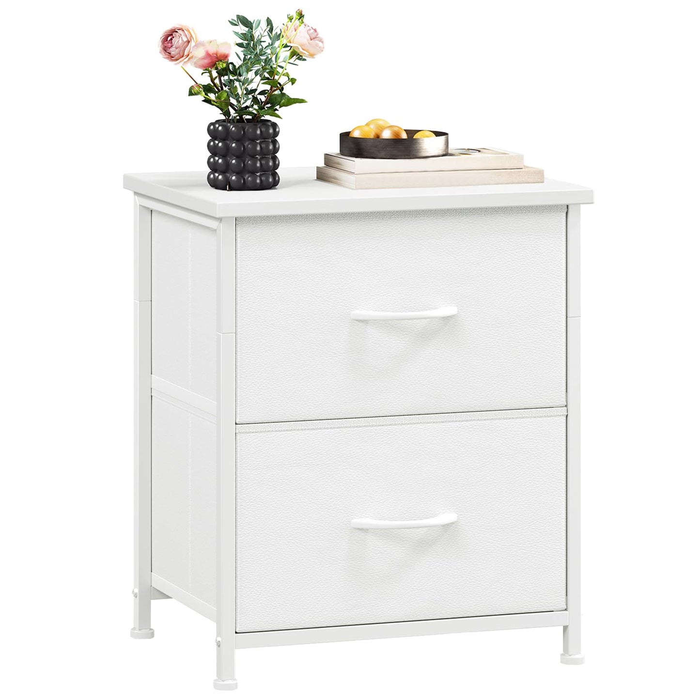 Somdot Nightstand, Small 2 Drawer Dresser End Table, Chest of Drawers, Bedside Table Night Stand End Table with Fabric Bins for Bedroom Kids Closet Dorm Guest Room, White Leather