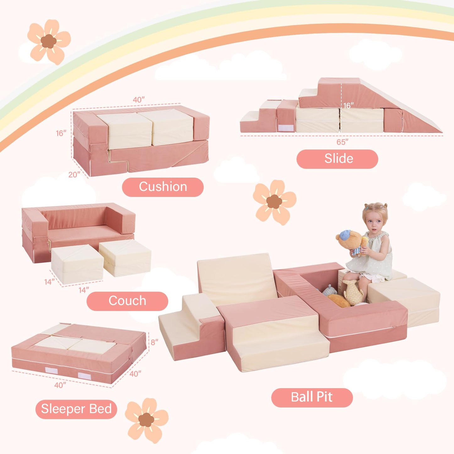 HAHASOLE Kids Couch, Modular Toddler Couch for Playroom, Kids Sofa with Ottomans, Foam Play Blocks with Stair and Ramp, Convertible Plush Sofa, Removable Cover