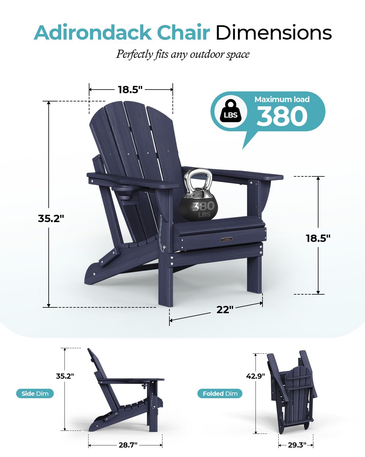 Ciokea Folding Adirondack Chair Wood Texture, Patio Adirondack Chair Weather Resistant, Plastic Fire Pit Chair with Cup Holder, Lawn Chair for Outdoor Porch Garden Backyard Deck, Blue