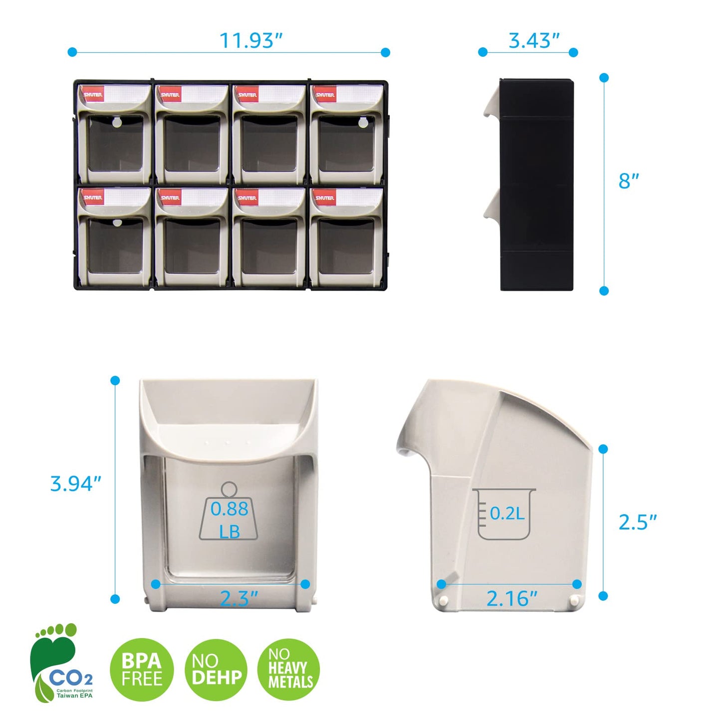 SHUTER Stackable Storage Drawers, 8 Compartment, Small Parts Tool Organizer, Tilt Out Craft Sewing Cabinet, Garage Storage, Warehouse Kits Included, Black, FO-308-BK