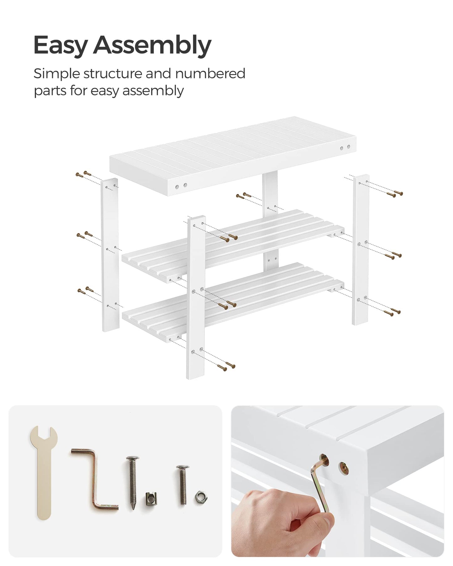 SONGMICS Shoe Rack Bench, 3-Tier Bamboo Shoe Storage Organizer, Entryway Bench, Holds Up to 286 lb, 11.3 x 27.6 x 17.8 Inches, for Entryway Bathroom Bedroom, Cloud White ULBS004W01