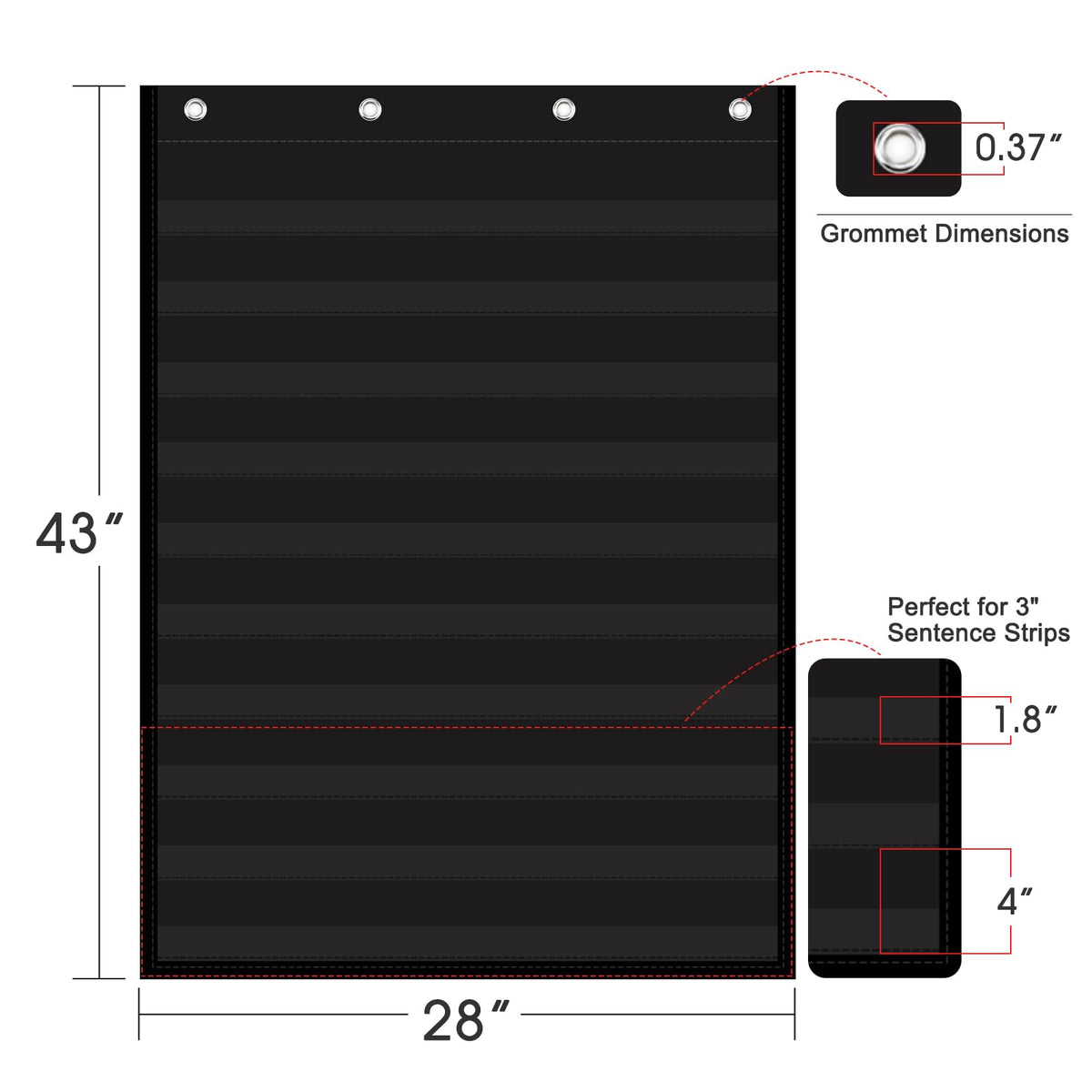 AUVCAS Pocket Chart for Classroom & Homeschool,10 Clear Pocket Hanging Organizer for Sentence Strips,Word Walls & Calendar Display,Holds All Standard Cards,Heavy Duty 43" x 28" - Black