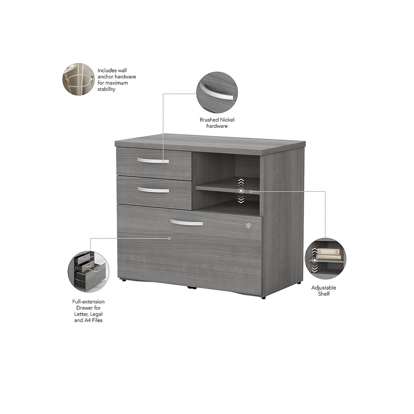 Bush Business Furniture Studio C Office Storage Cabinet with Drawers and Shelves in Platinum Gray