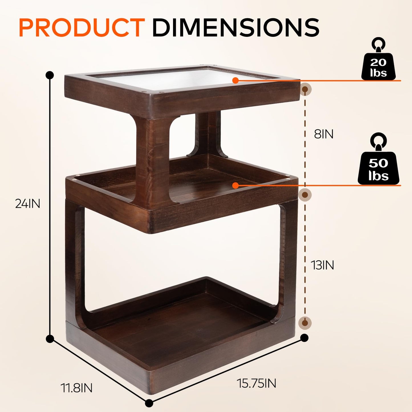 CheerNest Solid Wood End Table, 3-Tier Small Side Table with Fluted Acrylic Top, Rectangular Geometric Retro Accent Table with Open Storage for Small Spaces, Living Room, Bedroom, 100% Pine, Brown