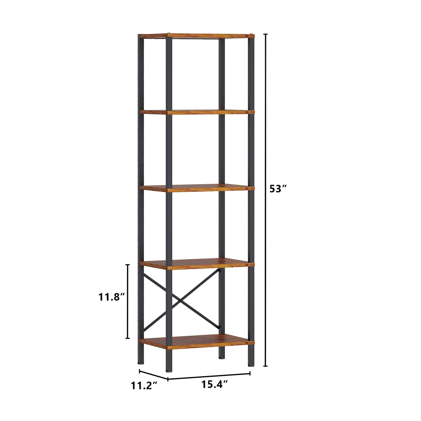 JARHETUN 5-Tier Bookshelf, Tall Narrow Bookcase with LED Lights, Book Shelf with Steel Frame, Office Furniture, Display Storage Shelf for Living Room, Bedroom, Study, Balcony, Rustic Brown