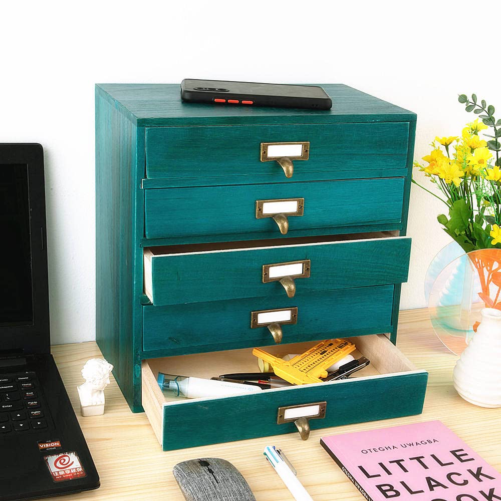 GoooodGIFT Small Wooden Drawers Rustic Desk Organizers and Accessories Wooden Storage Box with Drawers Desktop Storage Library Card Catalog Cabinet School Supply Storage Apothecary Cabinet(S-BLUE)