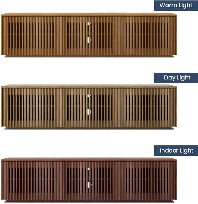 POVISON Full Assembled Mid Century Modern TV Stand, Wood Slatted Media Console