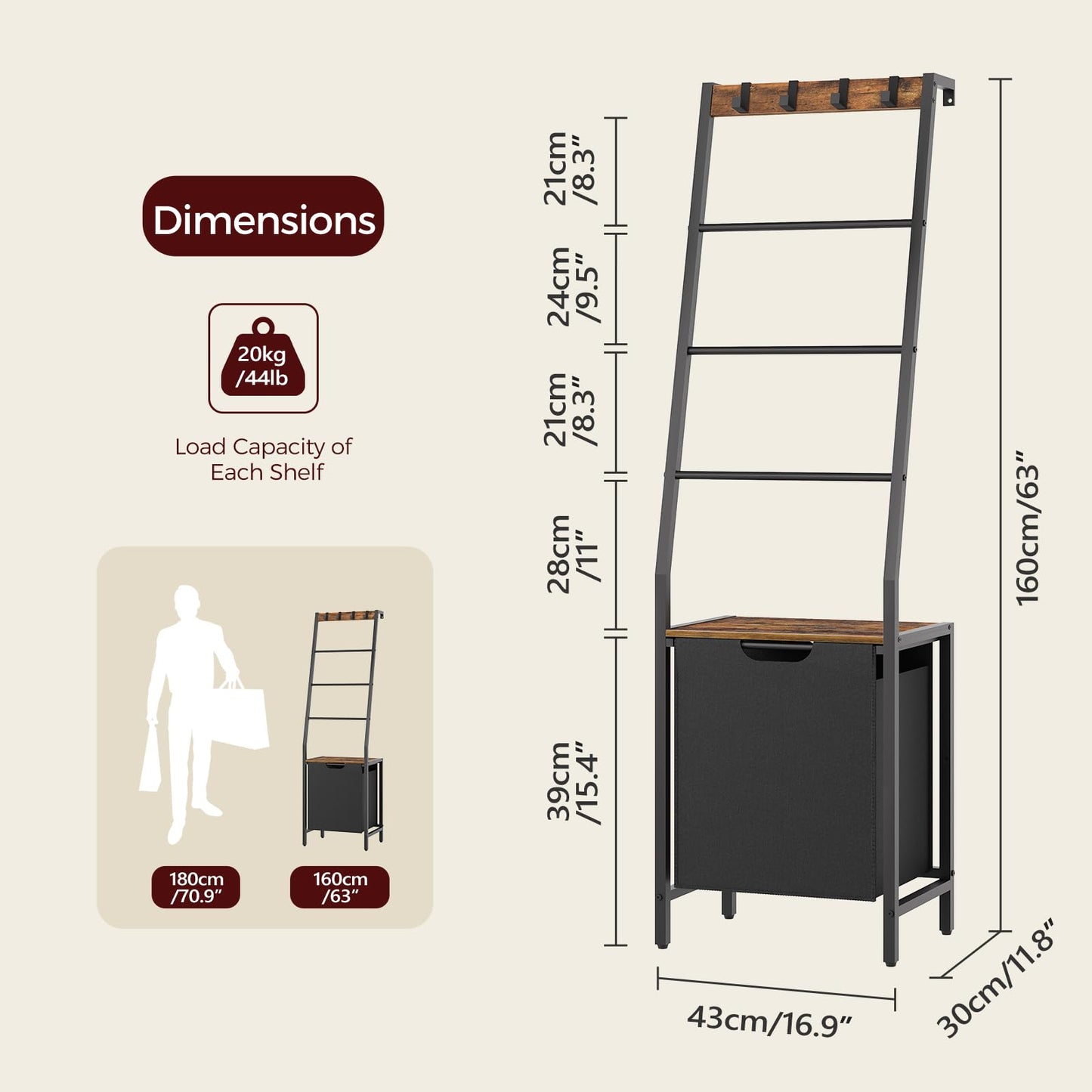 MAHANCRIS Blanket Ladder, 4-Tier Towel Rack with Pull-Out Laundry Basket & Removable Hooks, Ladder Shelf Stand, Wall-Leaning Blanket Rack for Living Room, Bedroom, Rustic Brown and Black TRHR4401