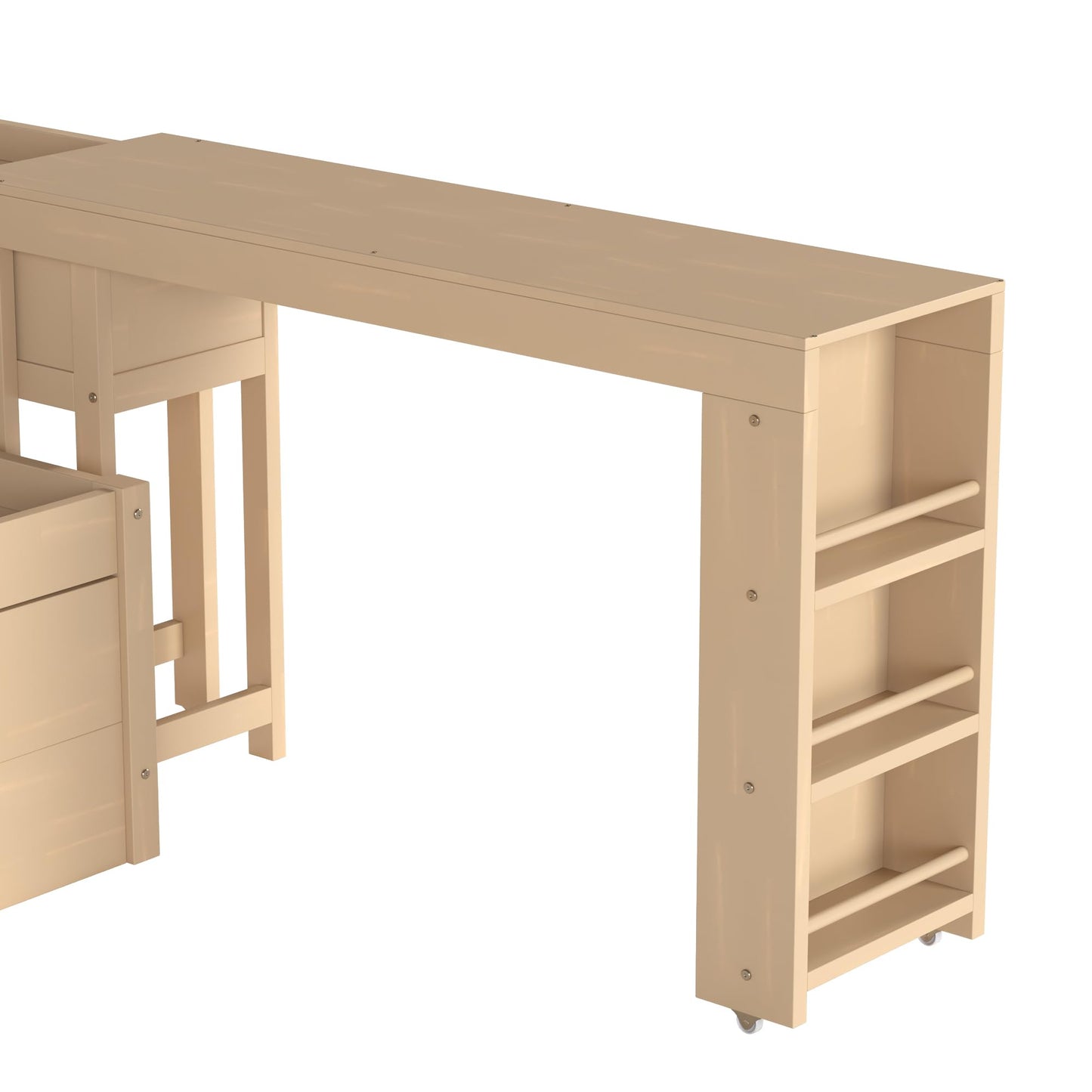 Daybed with Pull-out Desk and Trundle, Twin Size Wood Bed Frame with Multiple Storage Drawers, Open Shelves and Cabinets for Kids Adults Bedroom Furniture, Multifunctional L-Shaped Sofa Bed (Golden)