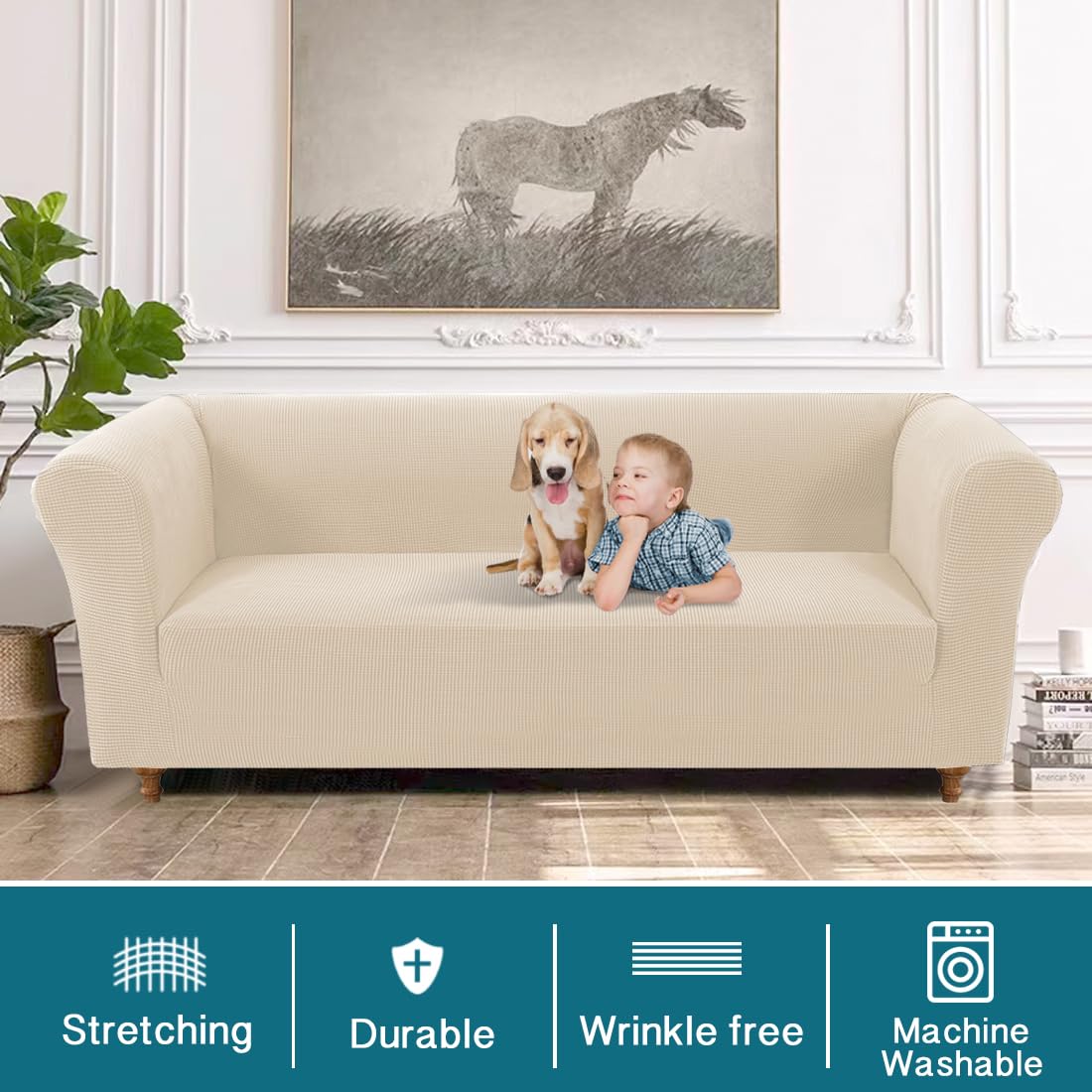 Turquoize Stretch Chesterfield Sofa Covers for Living Room Soft Sofa Couch Covers for 3 Cushion Couch Non-Slip Sofa Slipcover for Dogs Furniture Protector Feature Jacquard Fabric(Sofa, Biscotti Beige)