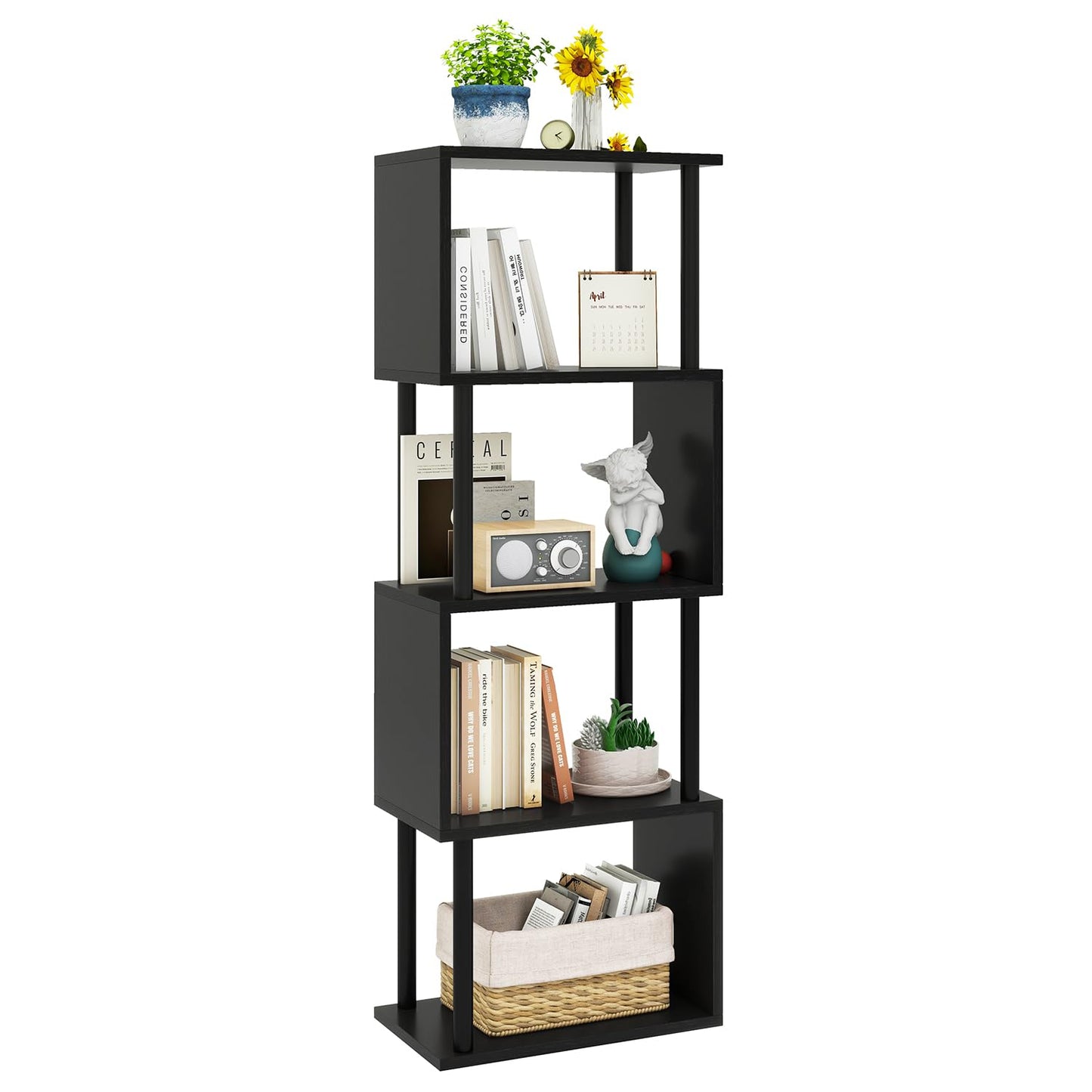 IBUYKE 5-Tier Tall Bookshelf,S-Shaped Geometric Bookcase, Wood Display Shelves with Storage,Modern Bookshelf for Living Room Bedroom, Home Office, Black WBC015B