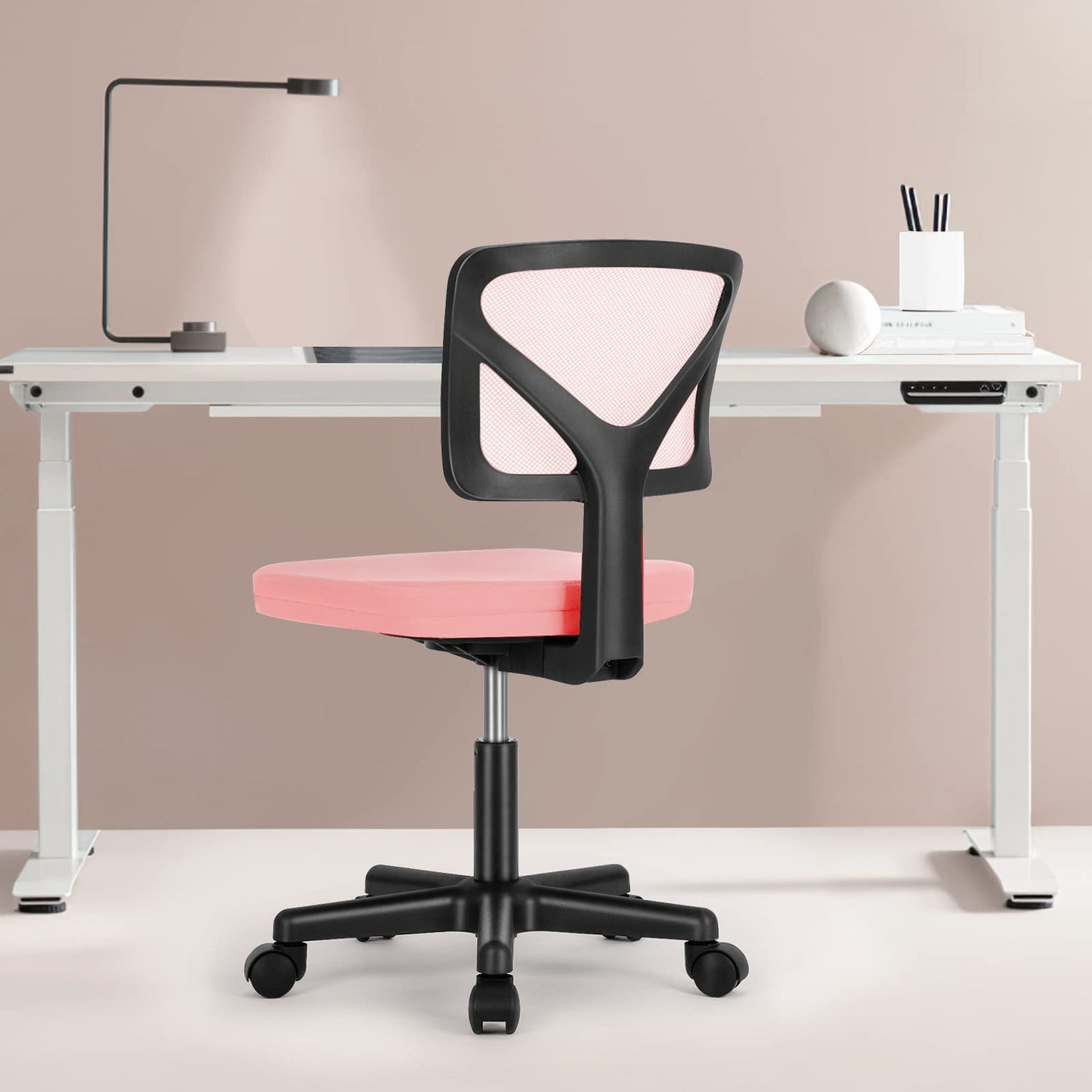 Sweetcrispy Small Desk Chair, Ergonomic Low-Back Mesh Rolling Work Swivel Chairs with Wheels, Armless Comfortable Seat Lumbar Support for Home, Bedroom, Study, Student, Adults,Classic Pink