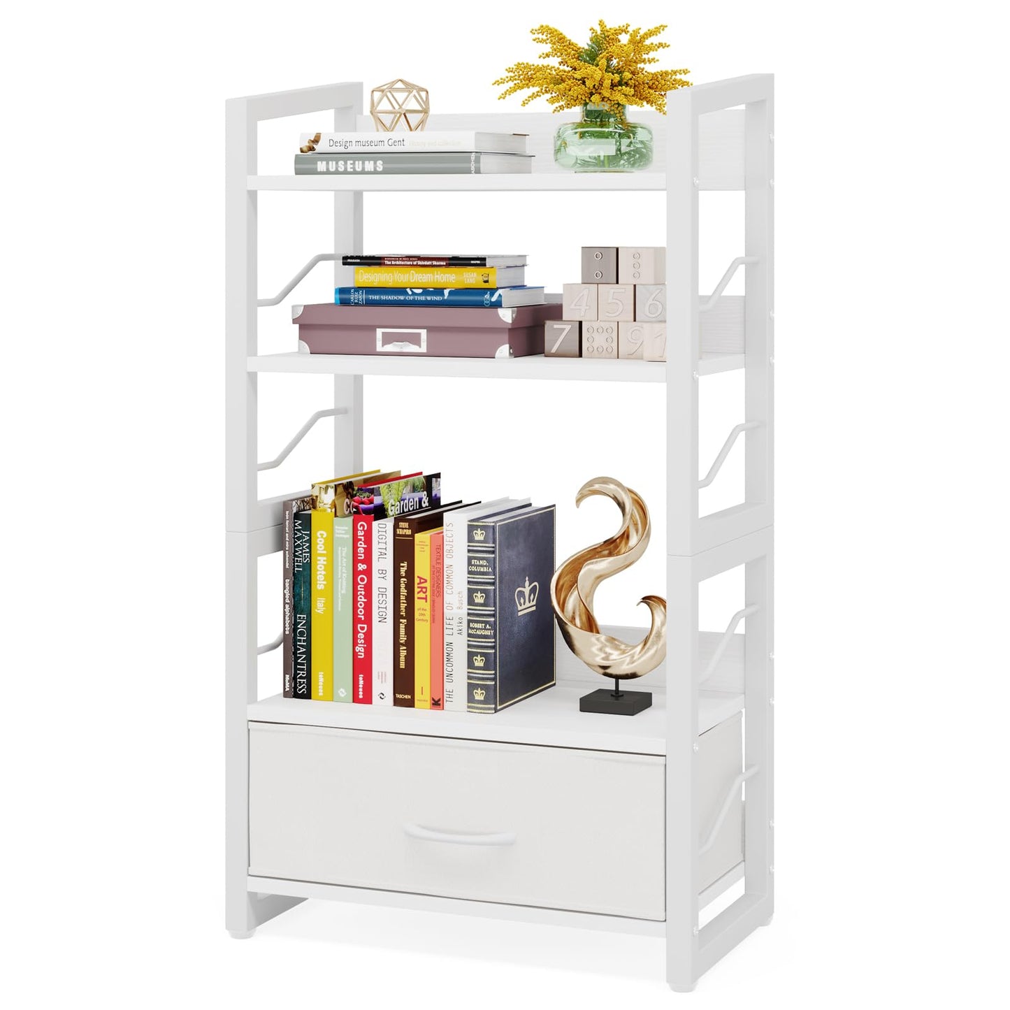Hosfais Small Bookshelf with Drawer - 4-Tier Wood Book Shelf Industrial Narrow Bookcase Storage Organizer Metal Stackable Shelves for Desktop Bedroom Living Room Home Office (White)