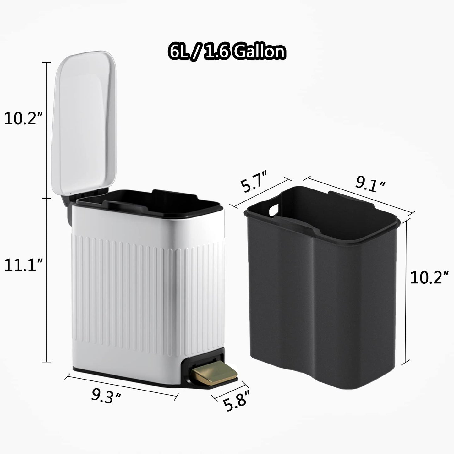 Small Bathroom Trash Can with Lid Soft Close-6L/1.6 Gal Slim Step Garbage Can-Metal Pedal Wastebasket-Narrow Rectangle Garbage Container Bin for Corner Office, Bedroom, Toilet, Live Room-White