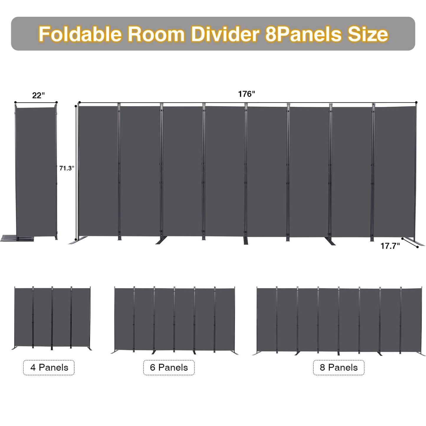 CHOSENM Room Divider, 8 Panel Folding Privacy Screens with Wider Support Feet, 6 Ft Portable Room Partition for Room Separator, 176" W X 71" H, Grey