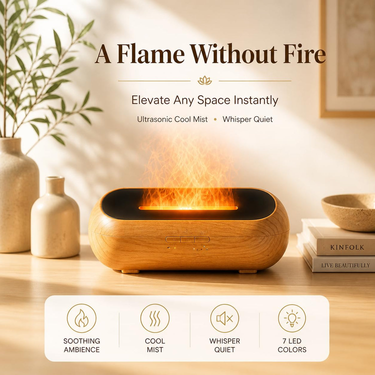 AquaAura LED Diffuser, 160ml Essential Oil Diffuser with Realistic Flame Mist, 7 LED Colors, Timer & Auto Shut-Off for Bedroom, Home, and Office
