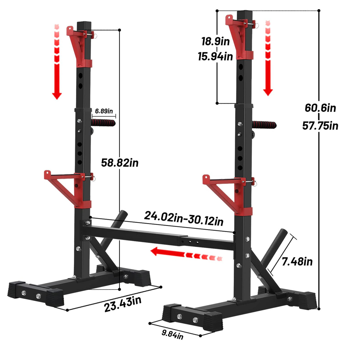 CANPA Squat Rack, Adjustable Barbell Rack Strength Training Barbell Stand with Dip Station Multi-Function Squat Stand Equipment for Home Gym Fitness 600Lbs（red）