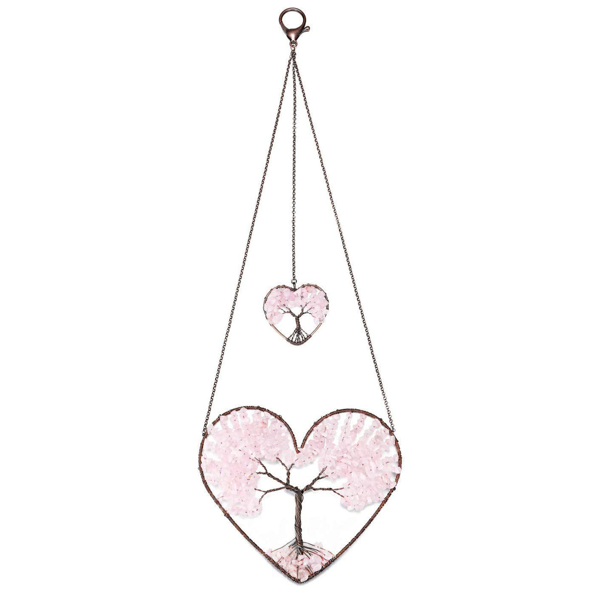 PESOENTH Rose Quartz Crystal Tree of Life Heart Wall Hanging Decor Gifts for Women,Bohemian Pink Healing Crystals Reiki Stones Ornaments Spiritual Gifts Christmas Tree Home Hanging Decorations