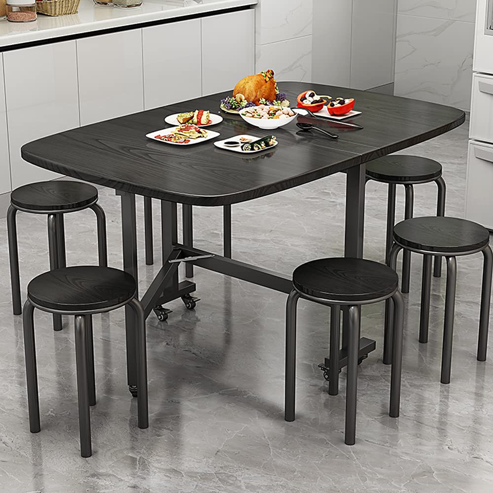 Rukulin Multifunction Table Drop Leaf Dining Table - 47" Wooden Foldable Kitchen Table with 6 Wheels (Black)