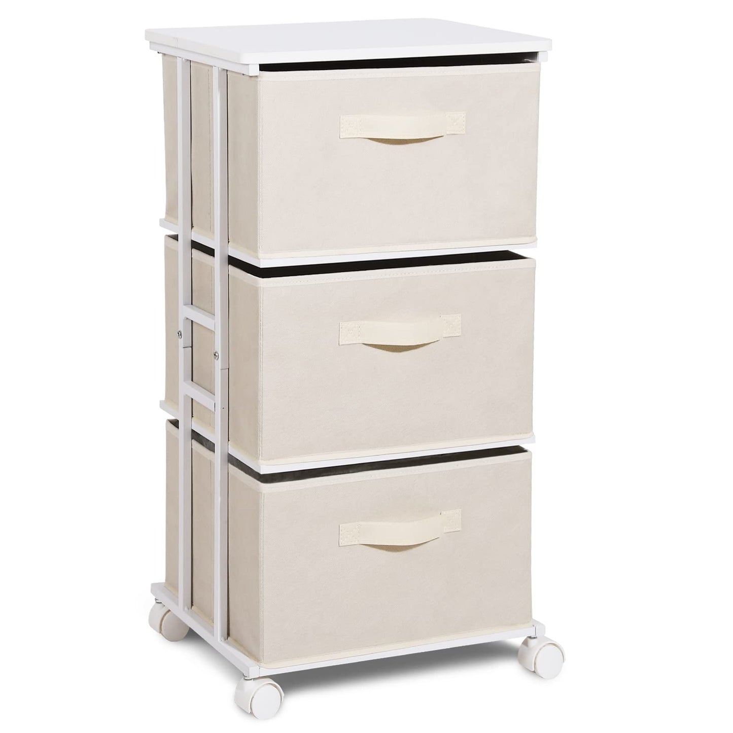 MAX Houser Dresser Tower with 3 Drawers for Bedroom, Fabric Storage Organizer Unit, Chest of Drawers with with WoodTop, Small Vertical Storage for Guest Room, Closet, Entryway(Beige)