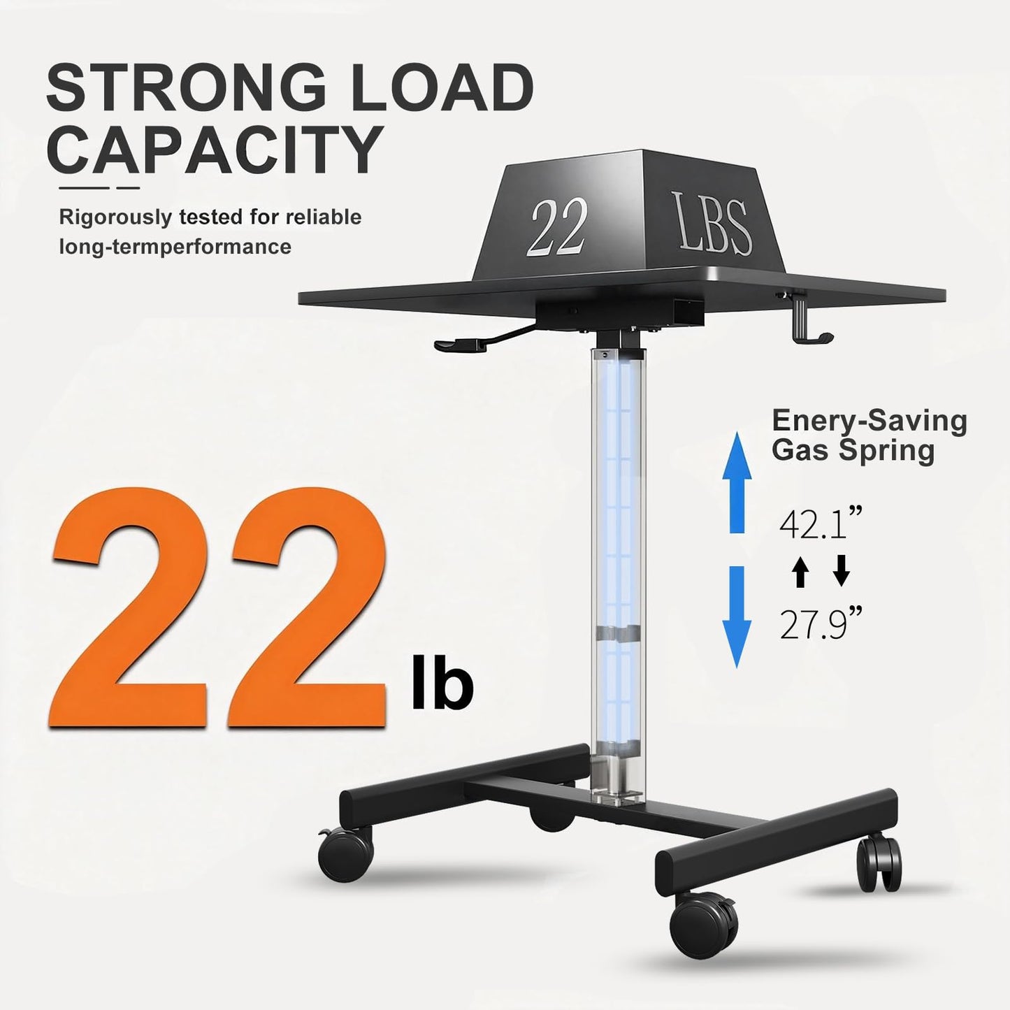 Gamork 18.9 * 25.6 inch Mobile Standing Desk,T Shaped Pneumatic Adjustable Height Stand Up Desk,with Lockable Wheels,Ergonomic Standing Side Table for Home Office Work Computer Workstation Black+Gray