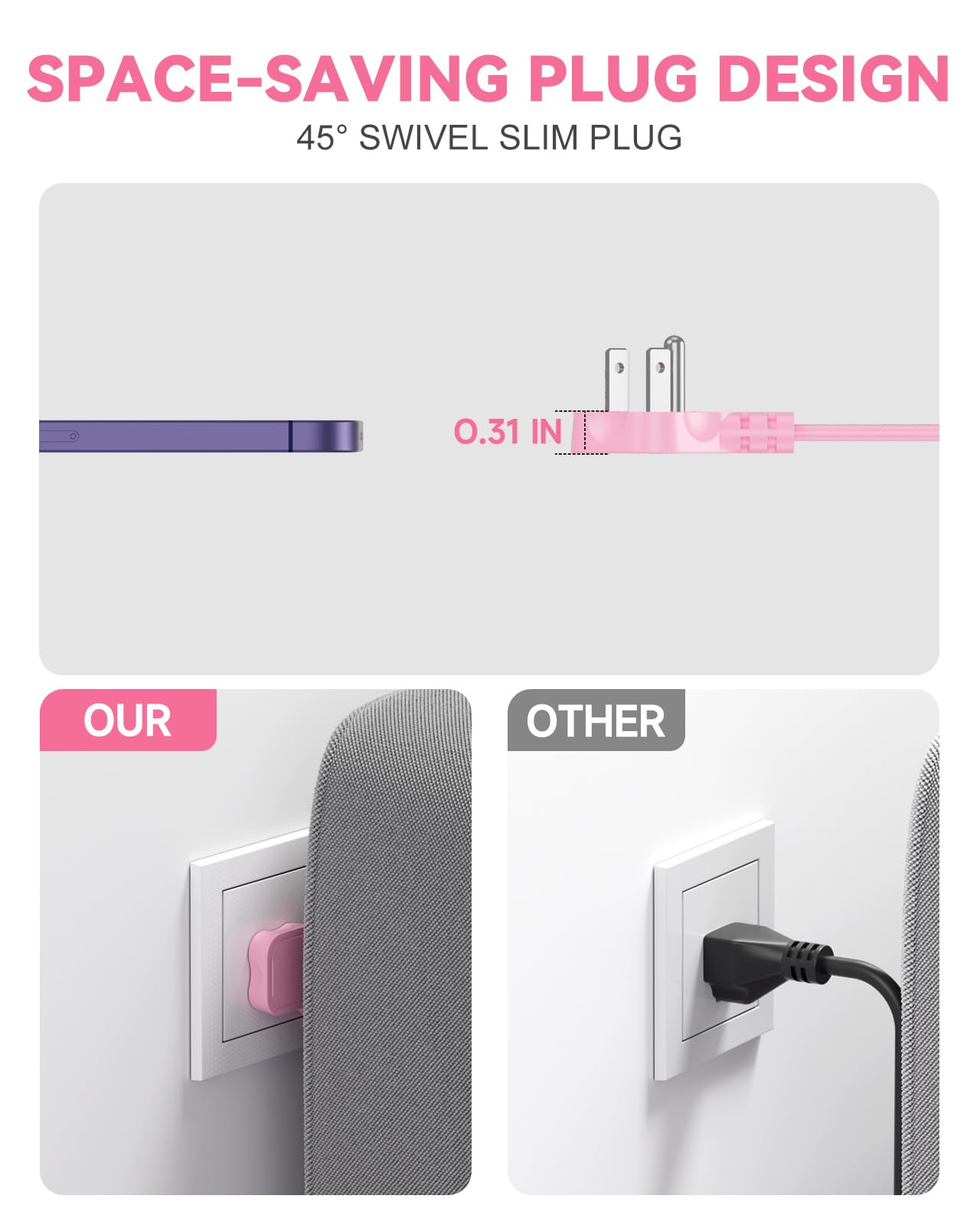 Pink Extension Cord with 3 AC Outlets & 4 USB Ports (2 USB-C), Pink Desk Accessories, 1625W Cute Extension Cord for Travel Curise Kawaii Desk Office Bedroom Accessories