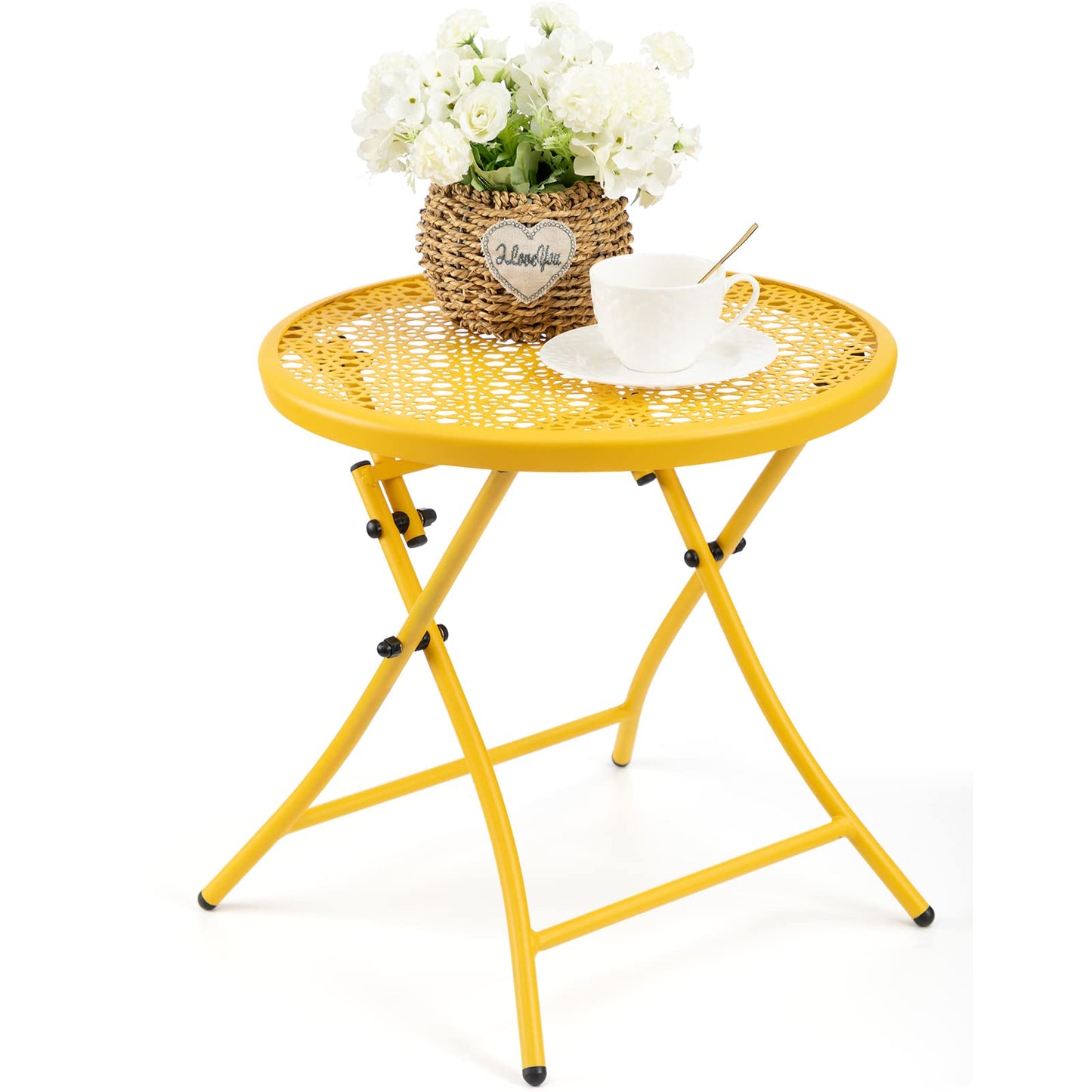 TeoKJ Folding Outdoor Side Tables, Anti Rust Small Patio Table Round Metal Nightstand with Flower Cutouts for Porch Yard Balcony Deck Lawn, Yellow