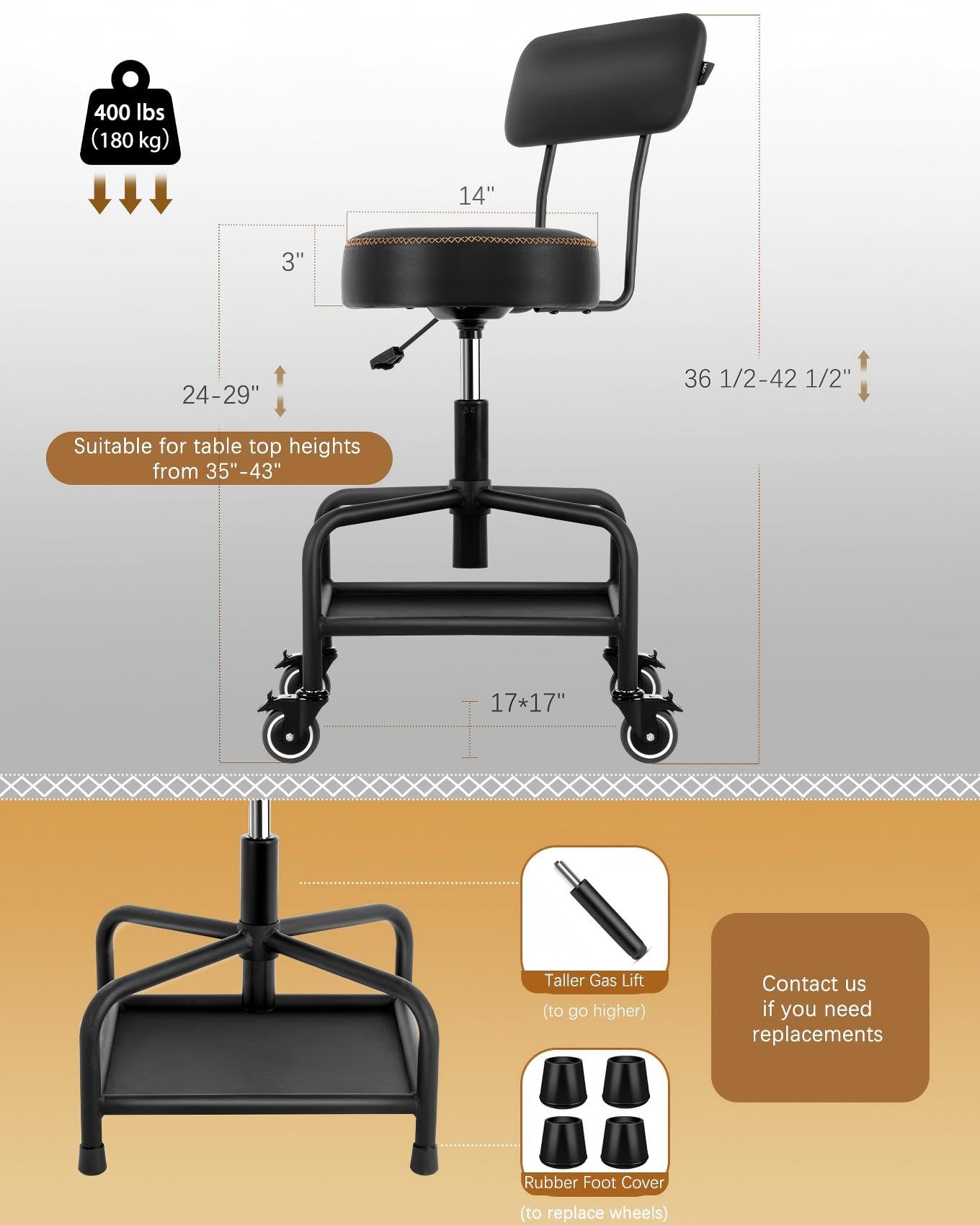 WUDOYO Shop Stool with Lockable Rubber Wheels Adjustable Backrest Tool Tray Storage 400 lb Capacity Rolling Garage Stool (Black)