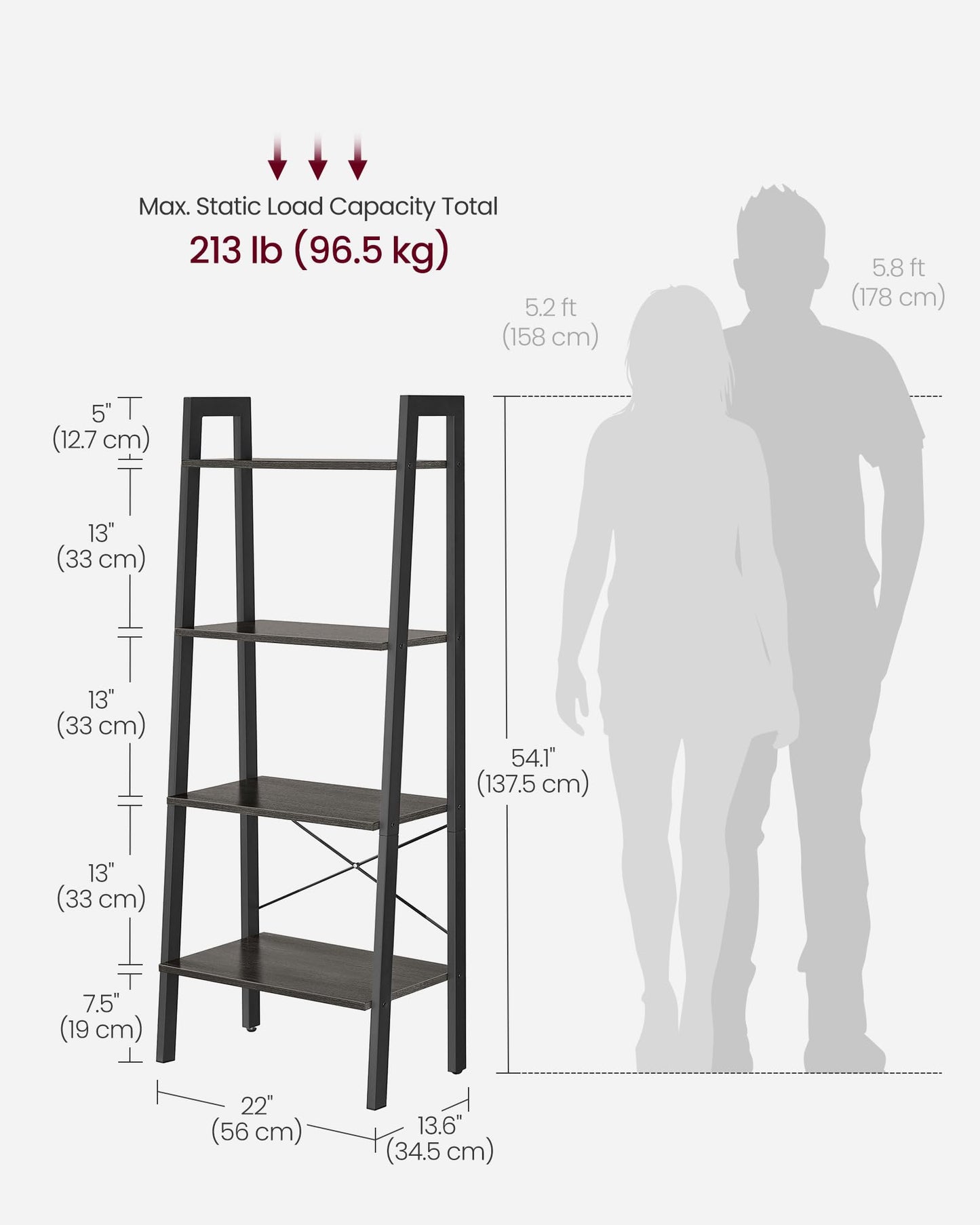 VASAGLE BARNET Collection - Ladder Shelf, Bookshelf, Storage Rack, Modern Bookcase for Living Room Home Office Kitchen, Steel Frame, 4-Tier, 22-Inch Wide, Charcoal Gray and Ink Black ULLS044B04