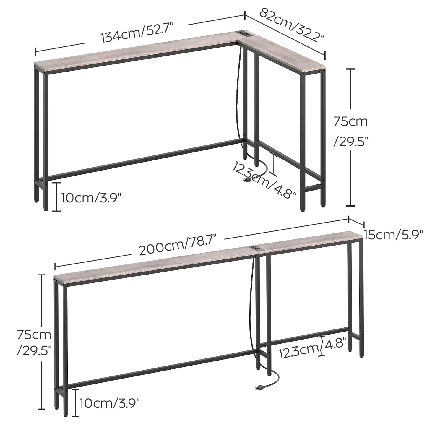 YATINEY Narrow Console Table with Outlets, 78.7" Sofa Table Narrow Long, L Shaped Behind Couch Entryway Table with Charging Station, for Living Room, Hallway, 3 Assembly Options, Greige CT17UBG